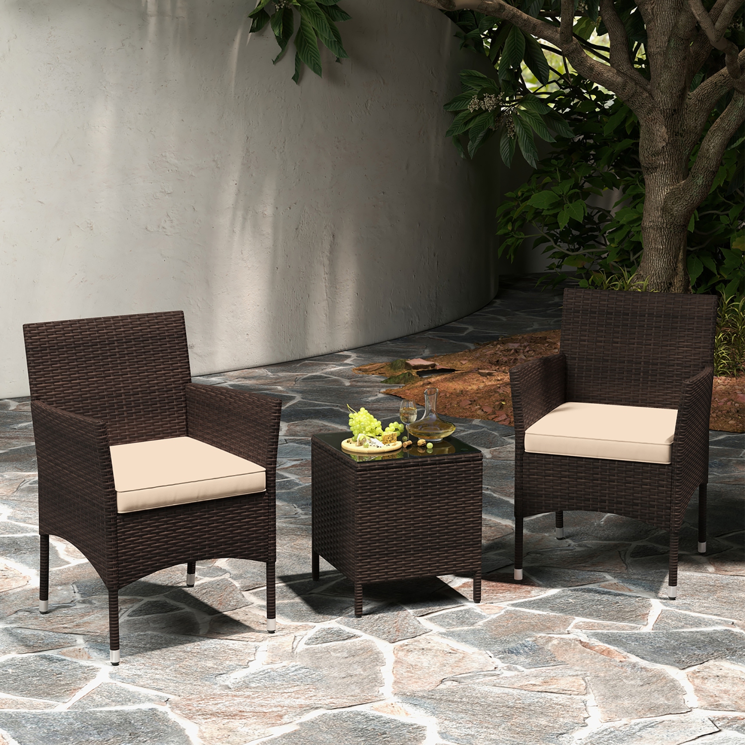 Gymax 3 PCS Outdoor Conversation Set w/ Cushioned Seat & Tempered Glass Tabletop Beige