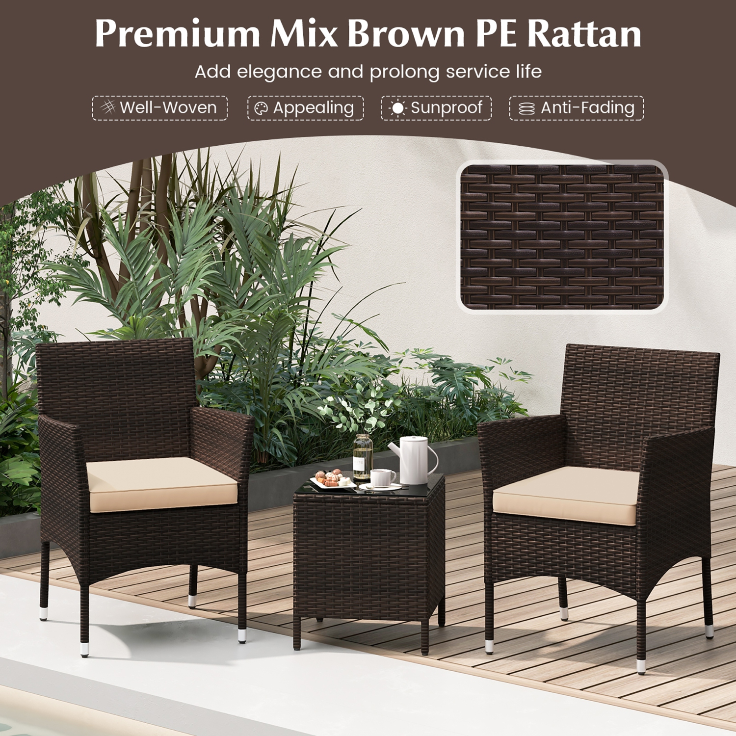 Gymax 3 PCS Outdoor Conversation Set w/ Cushioned Seat & Tempered Glass Tabletop Beige