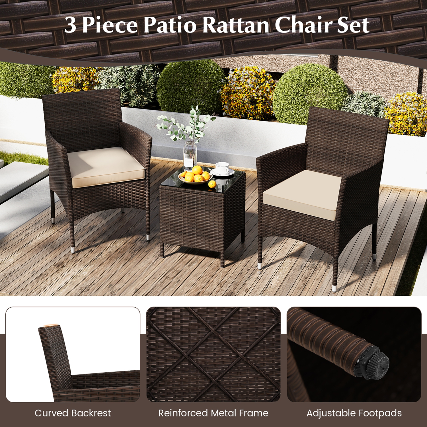 Gymax 3 PCS Outdoor Conversation Set w/ Cushioned Seat & Tempered Glass Tabletop Beige