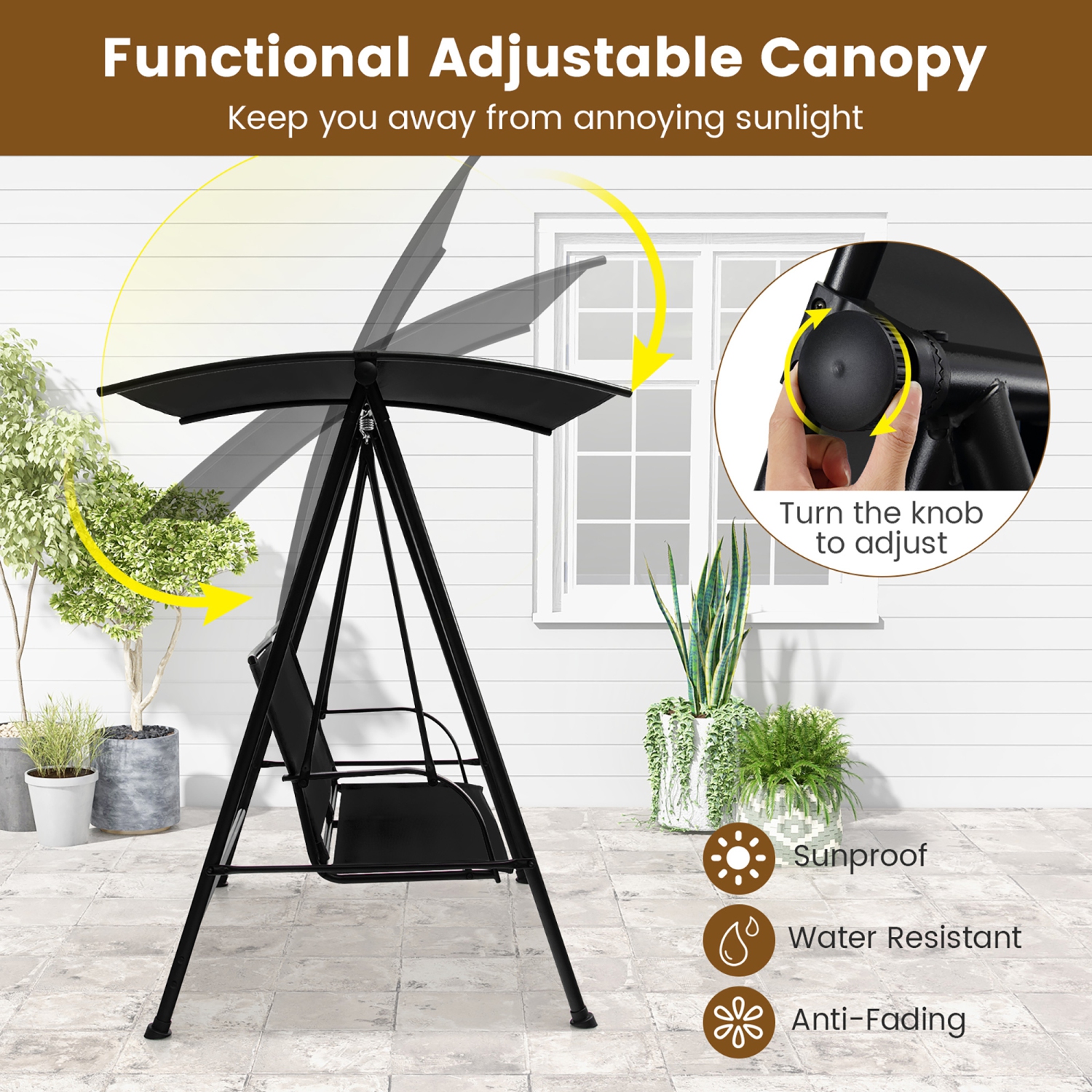 Gymax 2-Person Patio Swing Seat Swing Bench Canopy Swing Loveseat Outdoor