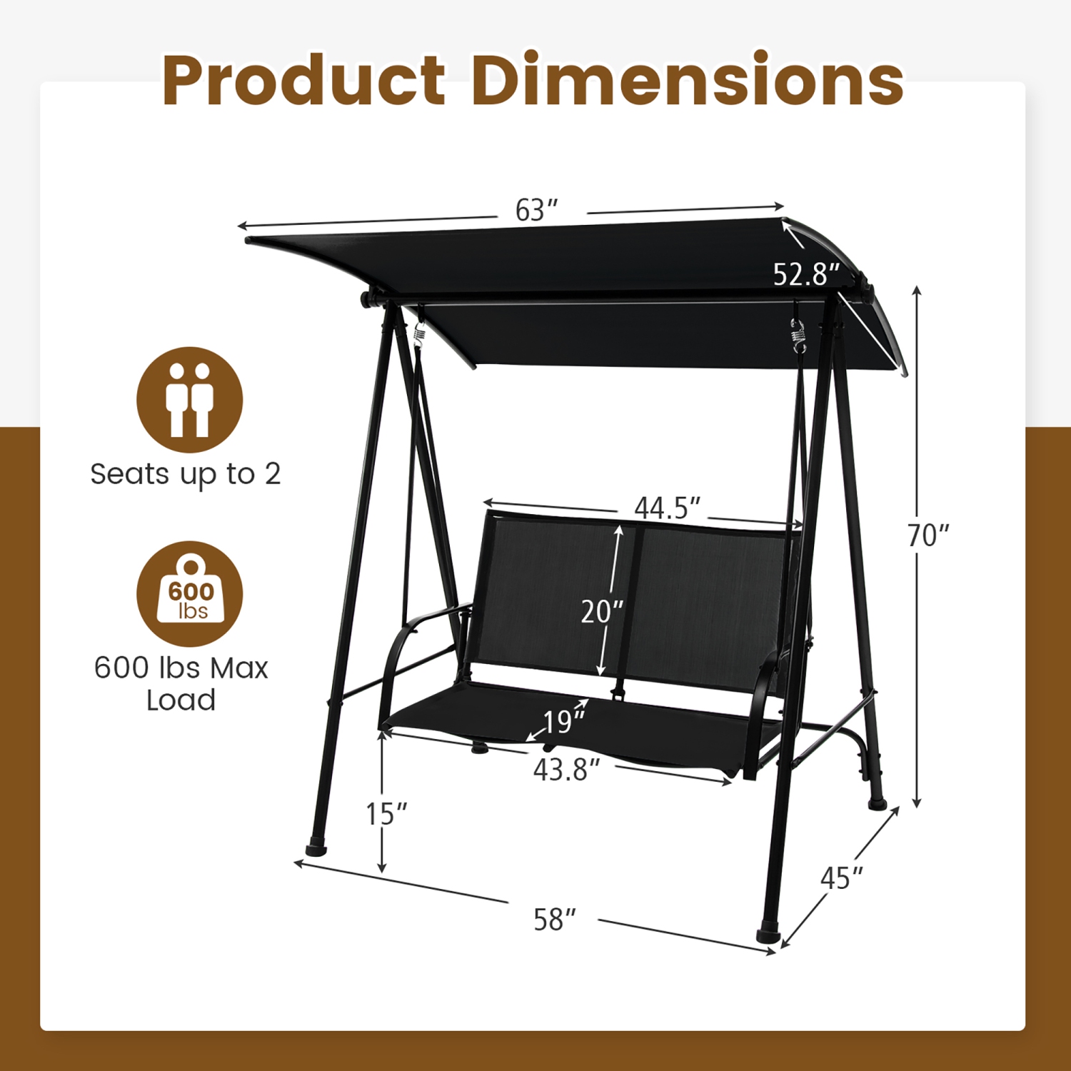 Gymax 2-Person Patio Swing Seat Swing Bench Canopy Swing Loveseat Outdoor