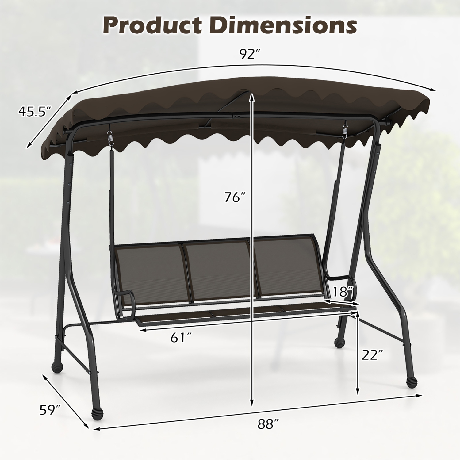 Gymax 3-Seat Outdoor Swing Porch Canopy Swing w/ Adjustable Shading Breathable Seat