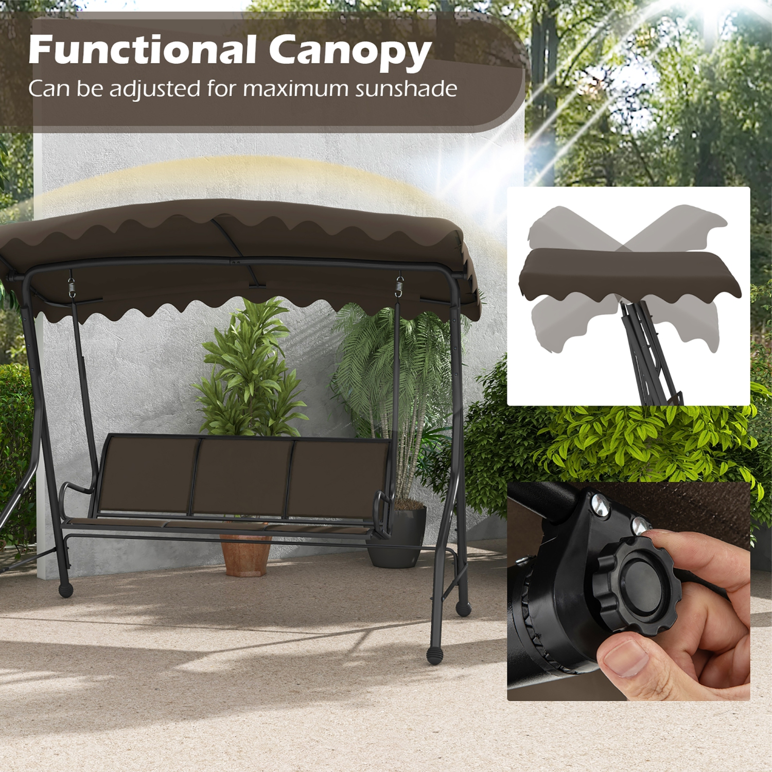 Gymax 3-Seat Outdoor Swing Porch Canopy Swing w/ Adjustable Shading Breathable Seat