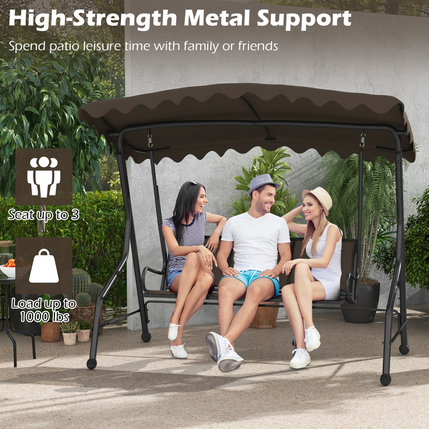 Gymax 3-Seat Outdoor Swing Porch Canopy Swing w/ Adjustable Shading Breathable Seat