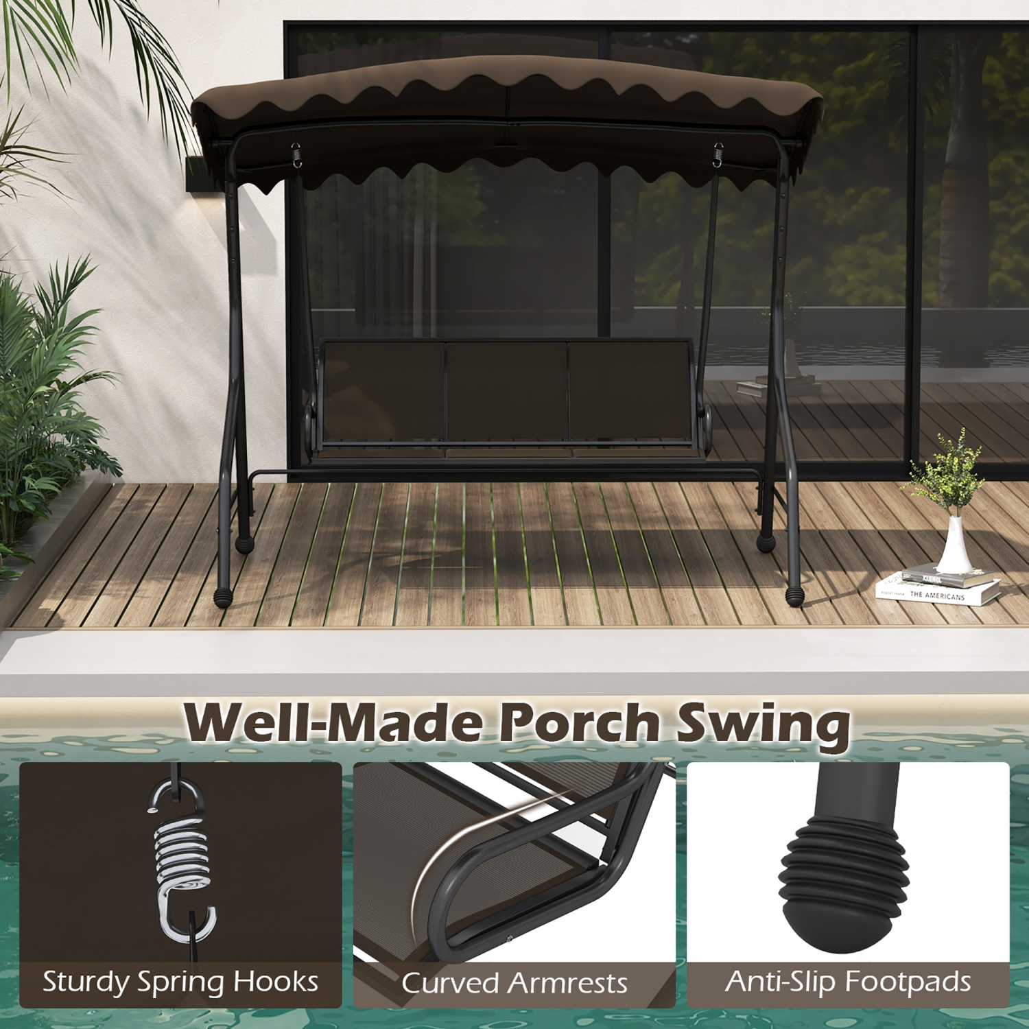 Gymax 3-Seat Outdoor Swing Porch Canopy Swing w/ Adjustable Shading Breathable Seat