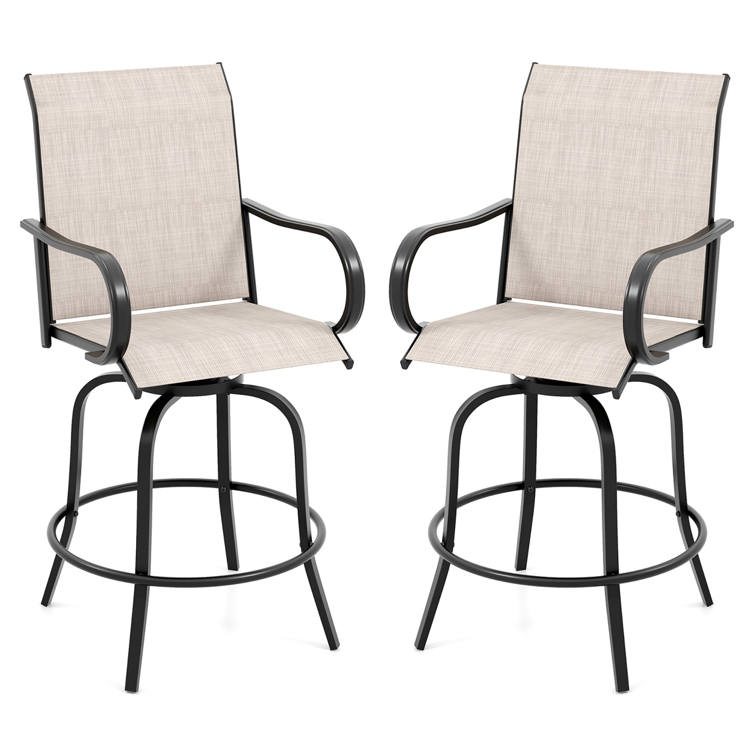 Gymax Outdoor Swivel Bar Stool Set of 2 w/Breathable Fabric and Heavy Duty Metal Frame