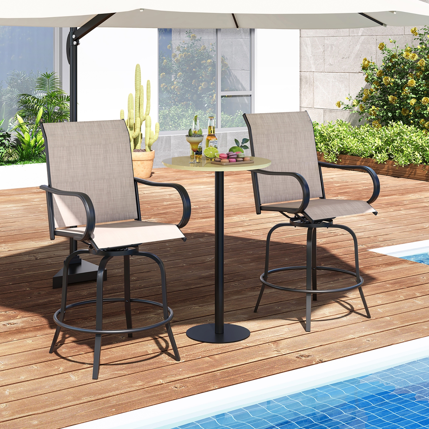 Gymax Outdoor Swivel Bar Stool Set of 2 w/Breathable Fabric and Heavy Duty Metal Frame