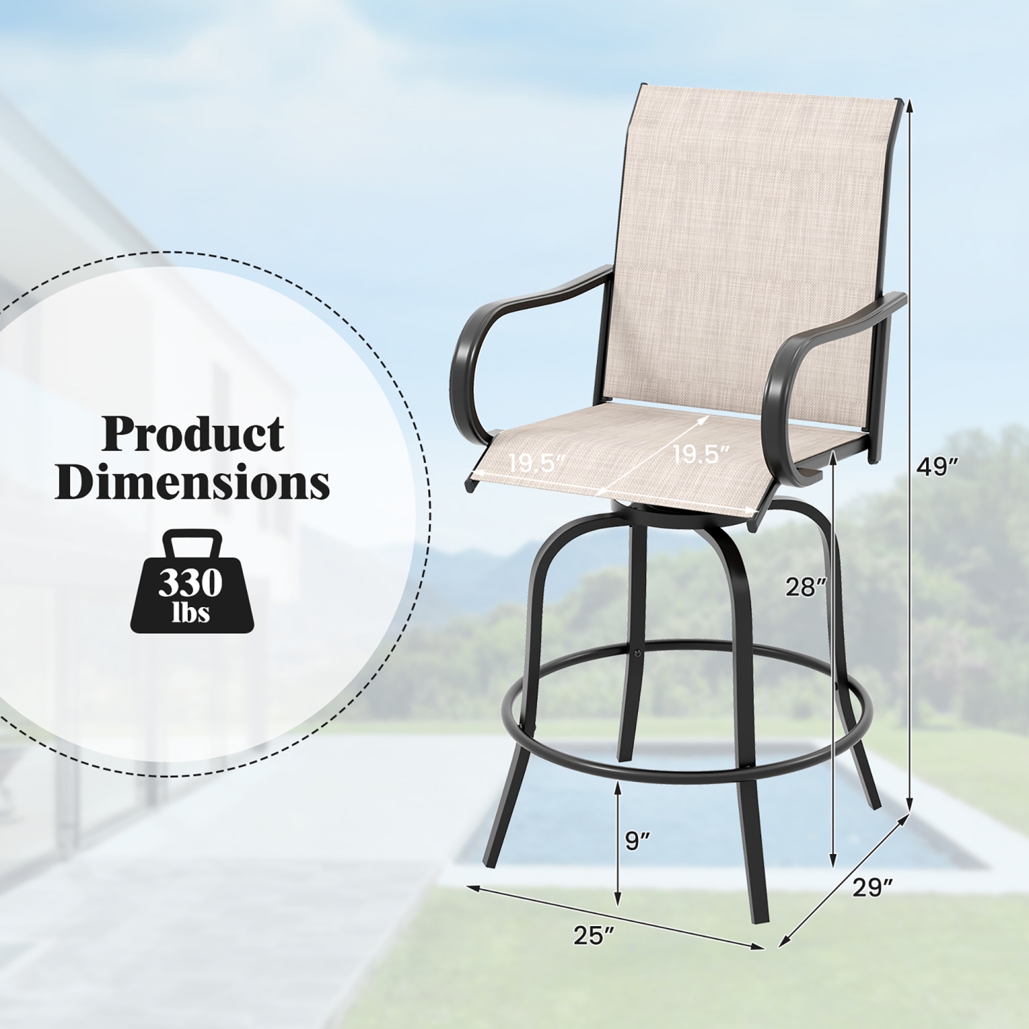 Gymax Outdoor Swivel Bar Stool Set of 2 w/Breathable Fabric and Heavy Duty Metal Frame