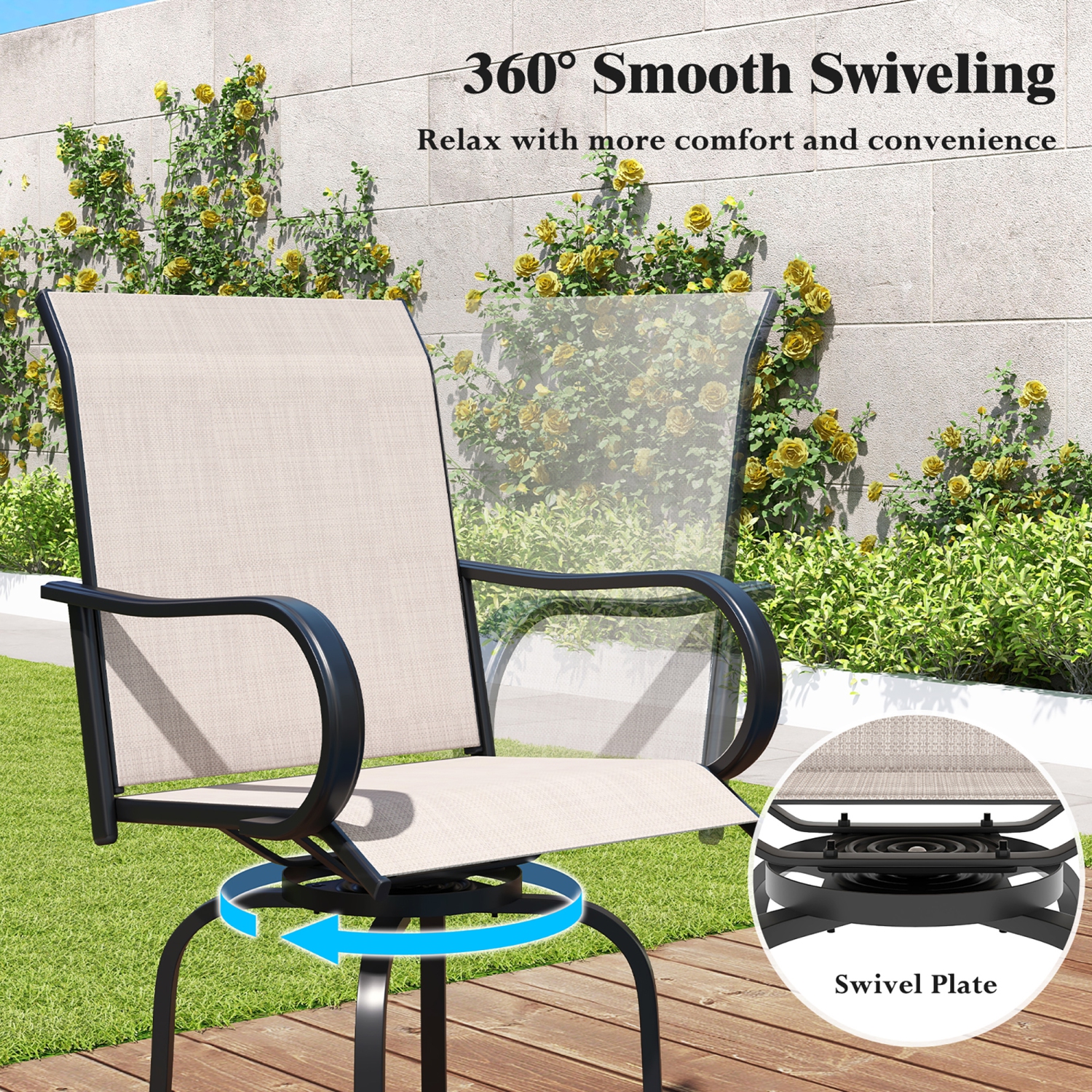 Gymax Outdoor Swivel Bar Stool Set of 2 w/Breathable Fabric and Heavy Duty Metal Frame