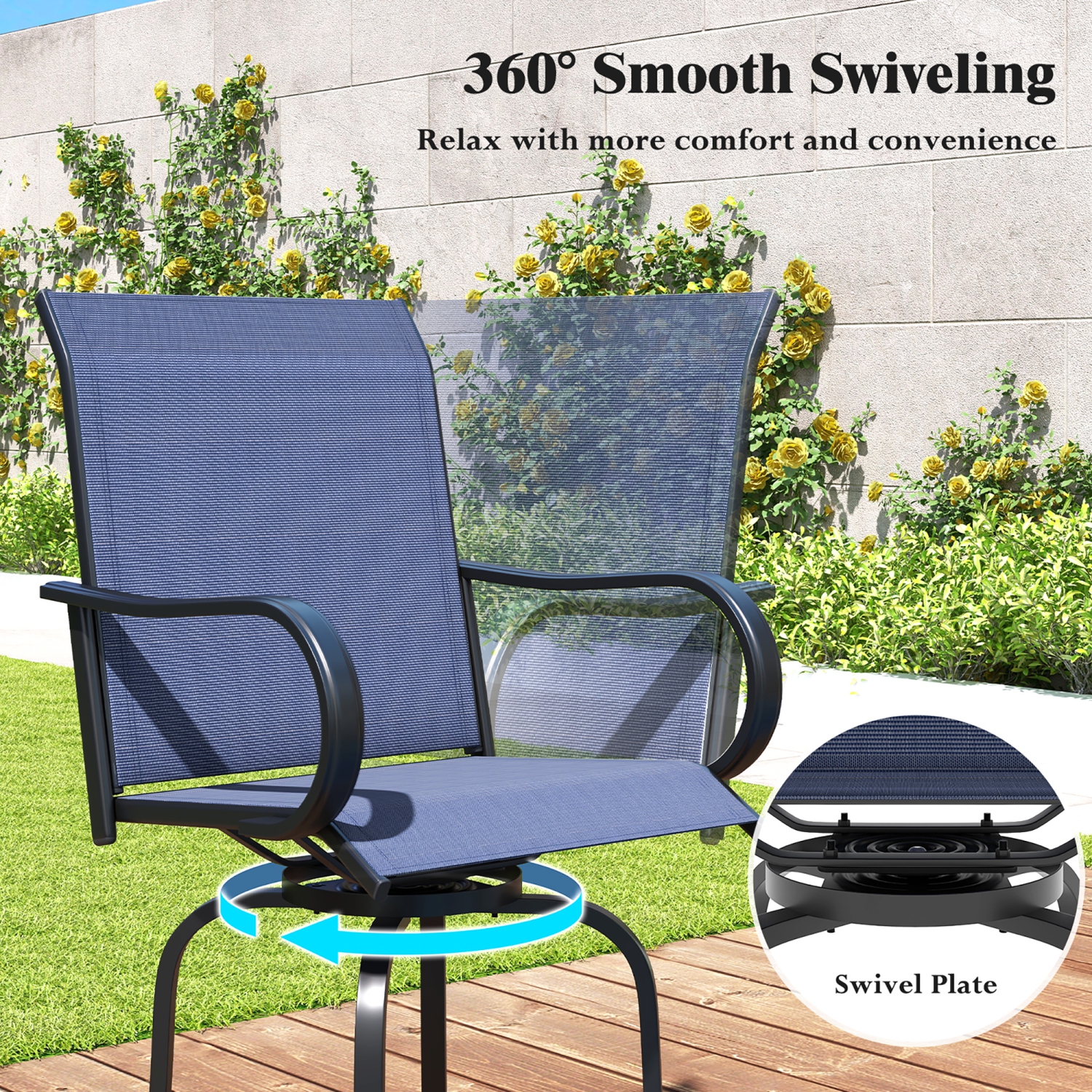Gymax Outdoor Swivel Bar Stool Set of 4 w/Breathable Fabric and Heavy Duty Metal Frame