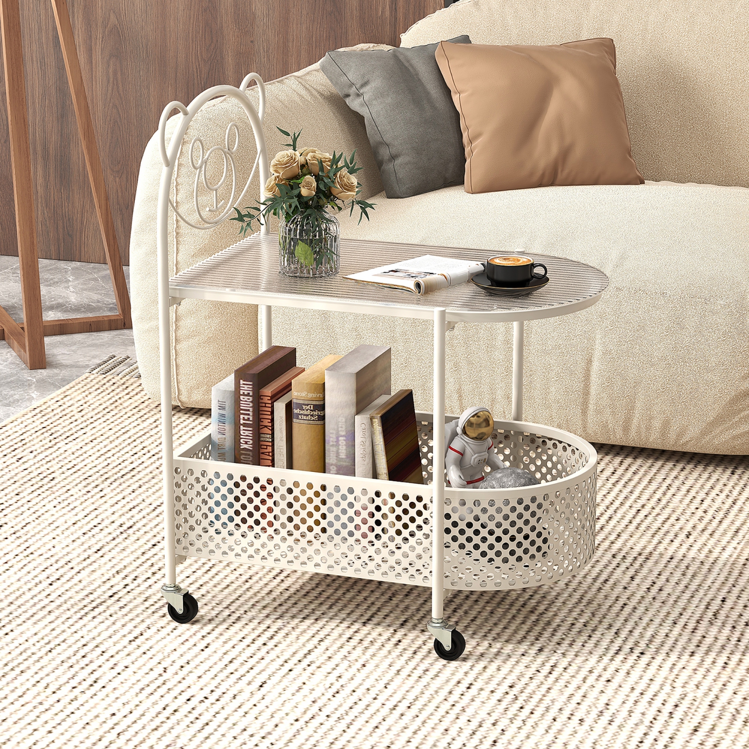 Gymax 2-Tier Mobile Glass Coffee Table w/ Bear Pattern Storage Basket