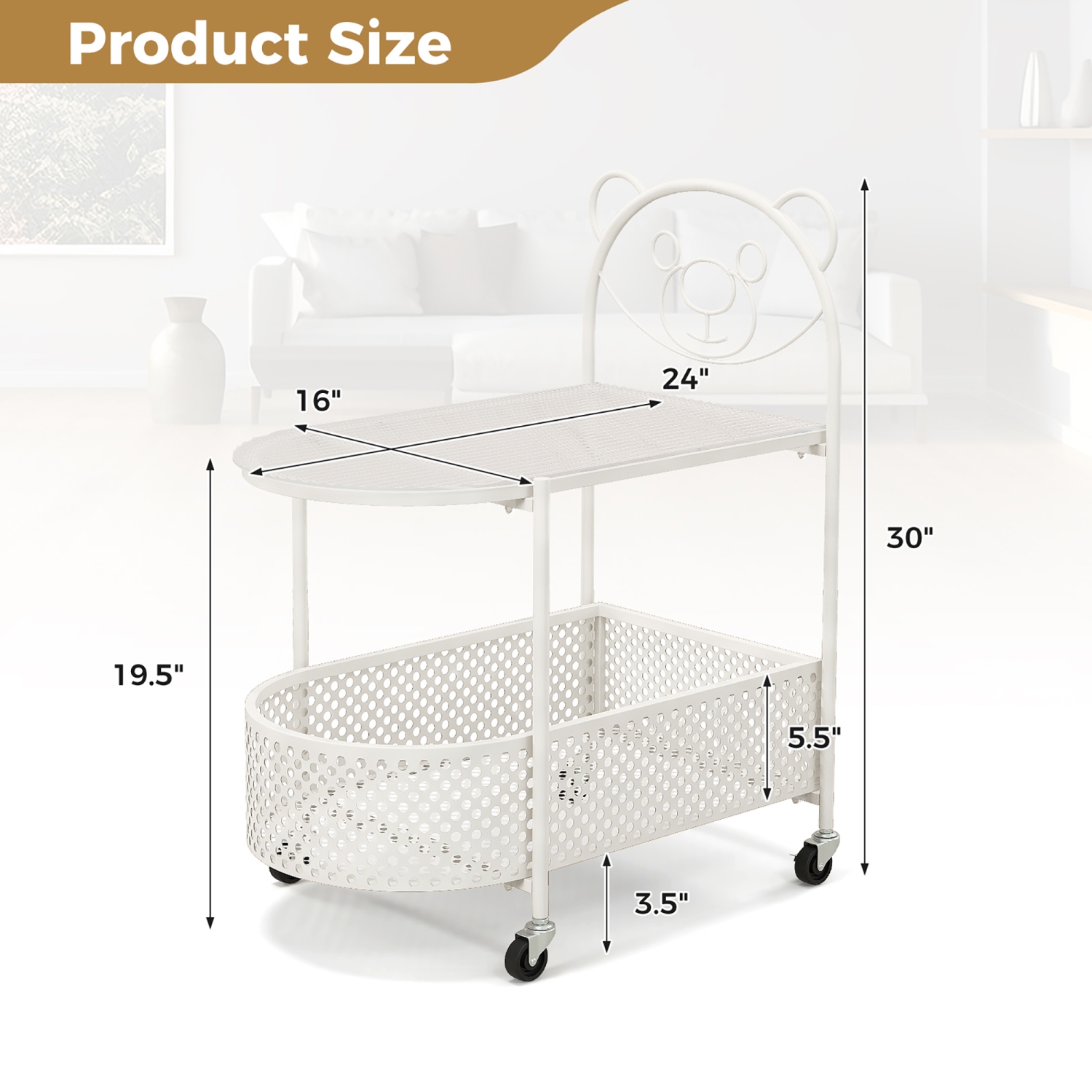 Gymax 2-Tier Mobile Glass Coffee Table w/ Bear Pattern Storage Basket