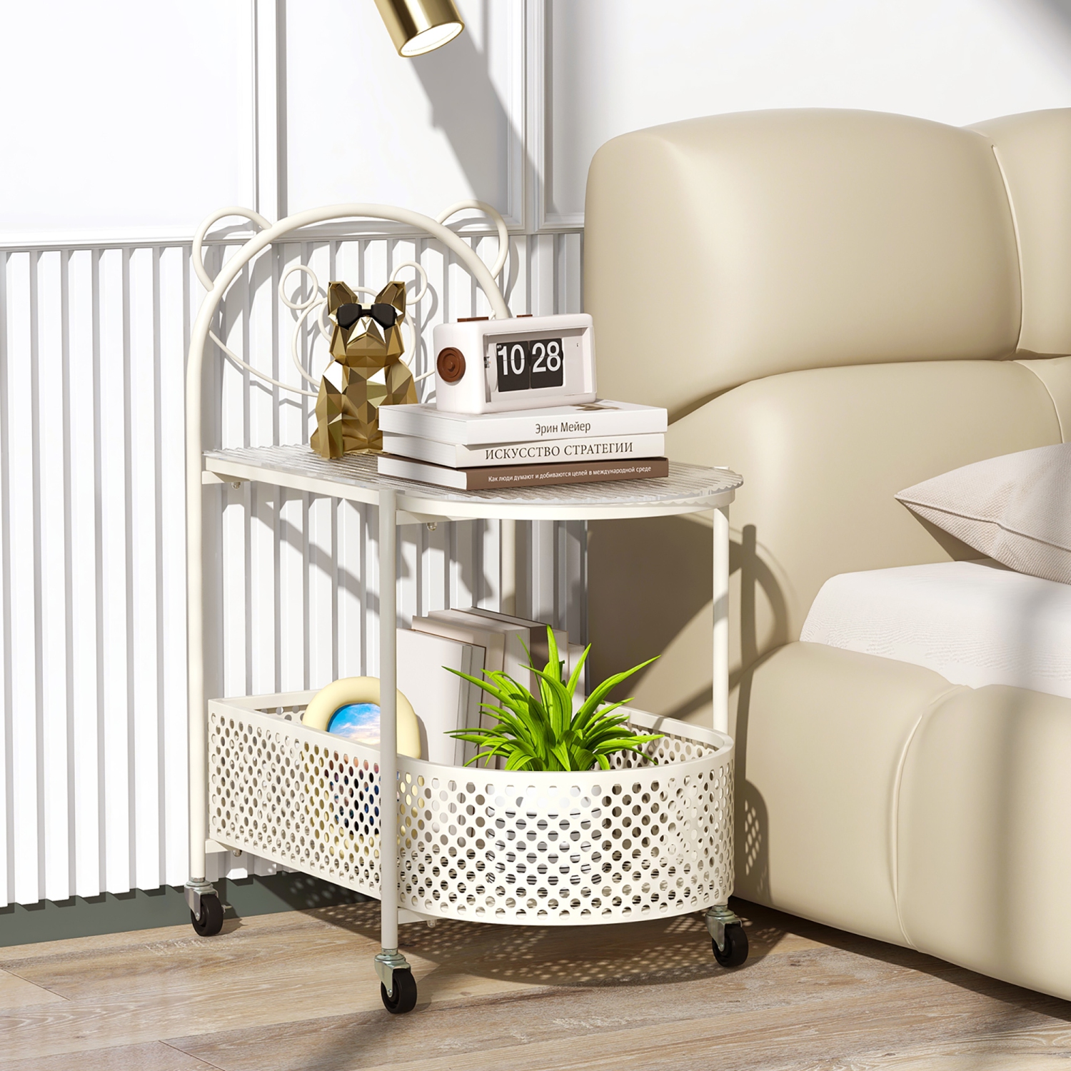 Gymax 2-Tier Mobile Glass Coffee Table w/ Bear Pattern Storage Basket