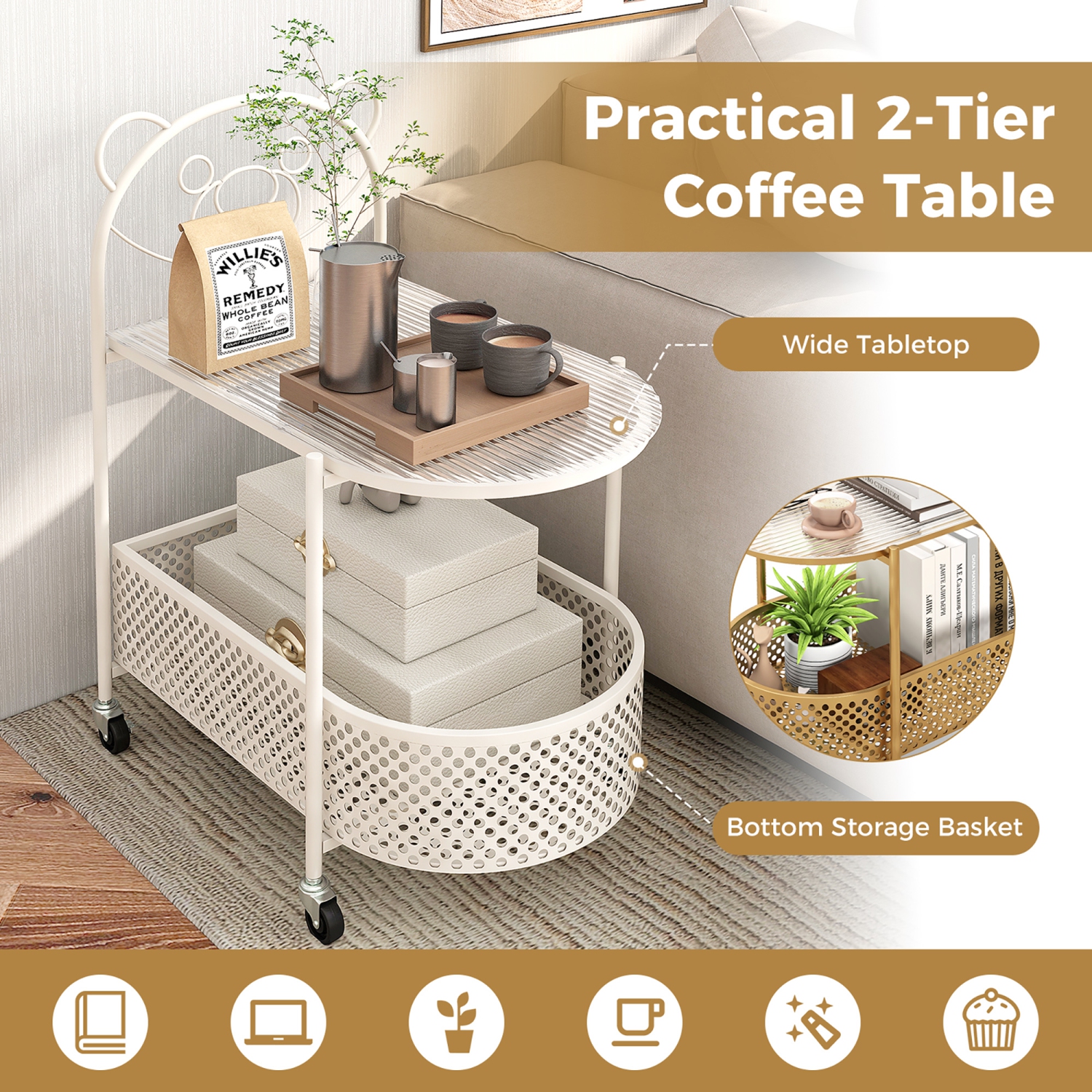 Gymax 2-Tier Mobile Glass Coffee Table w/ Bear Pattern Storage Basket