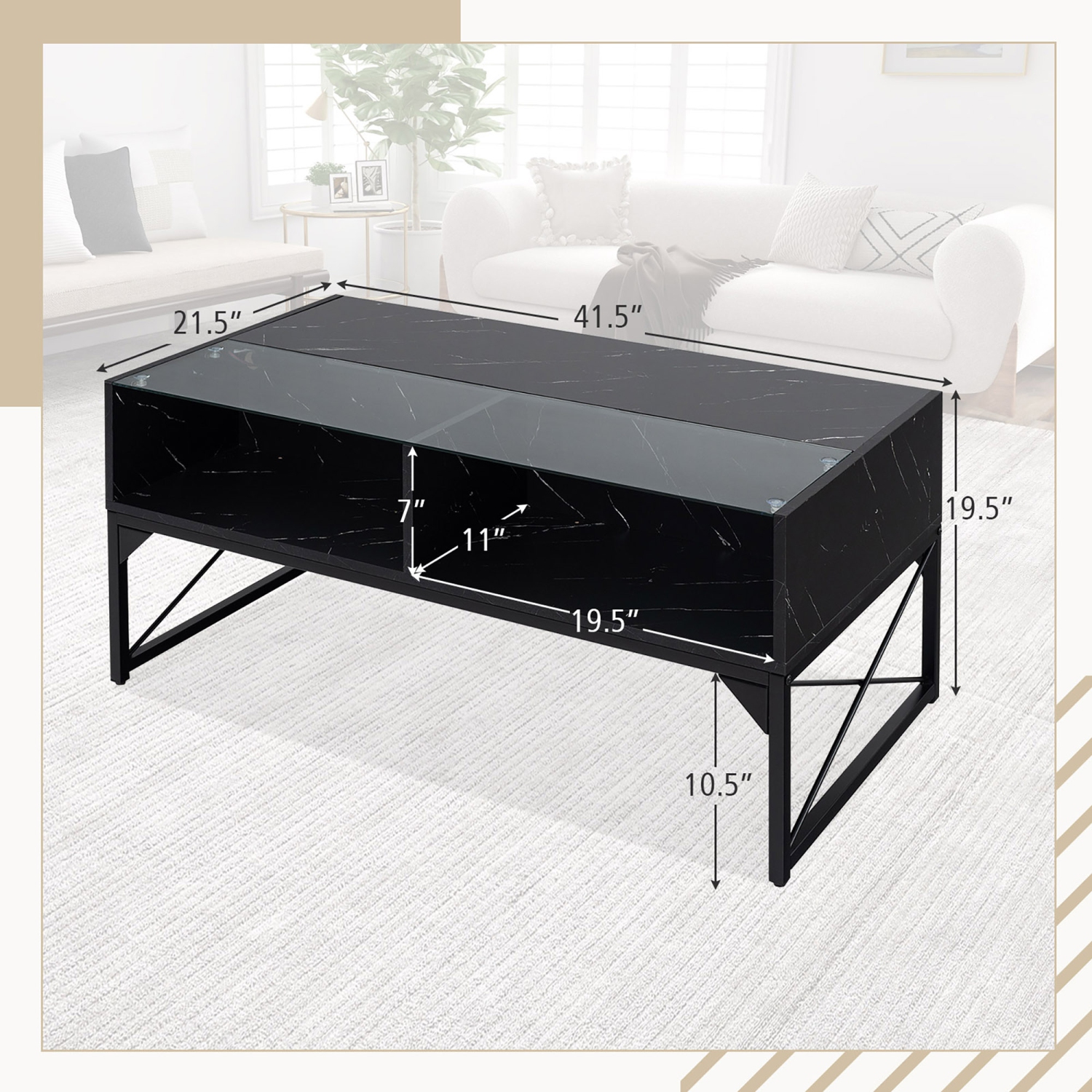 Gymax High-gloss LED Coffee Table w/ Faux Marble & Tempered Glass Top 4 Storage Cubes