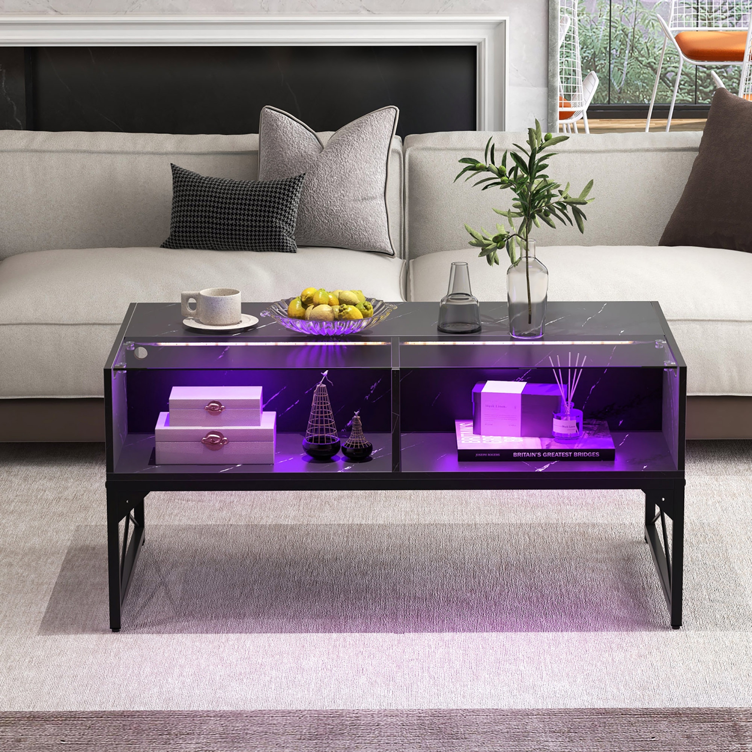 Gymax High-gloss LED Coffee Table w/ Faux Marble & Tempered Glass Top 4 Storage Cubes