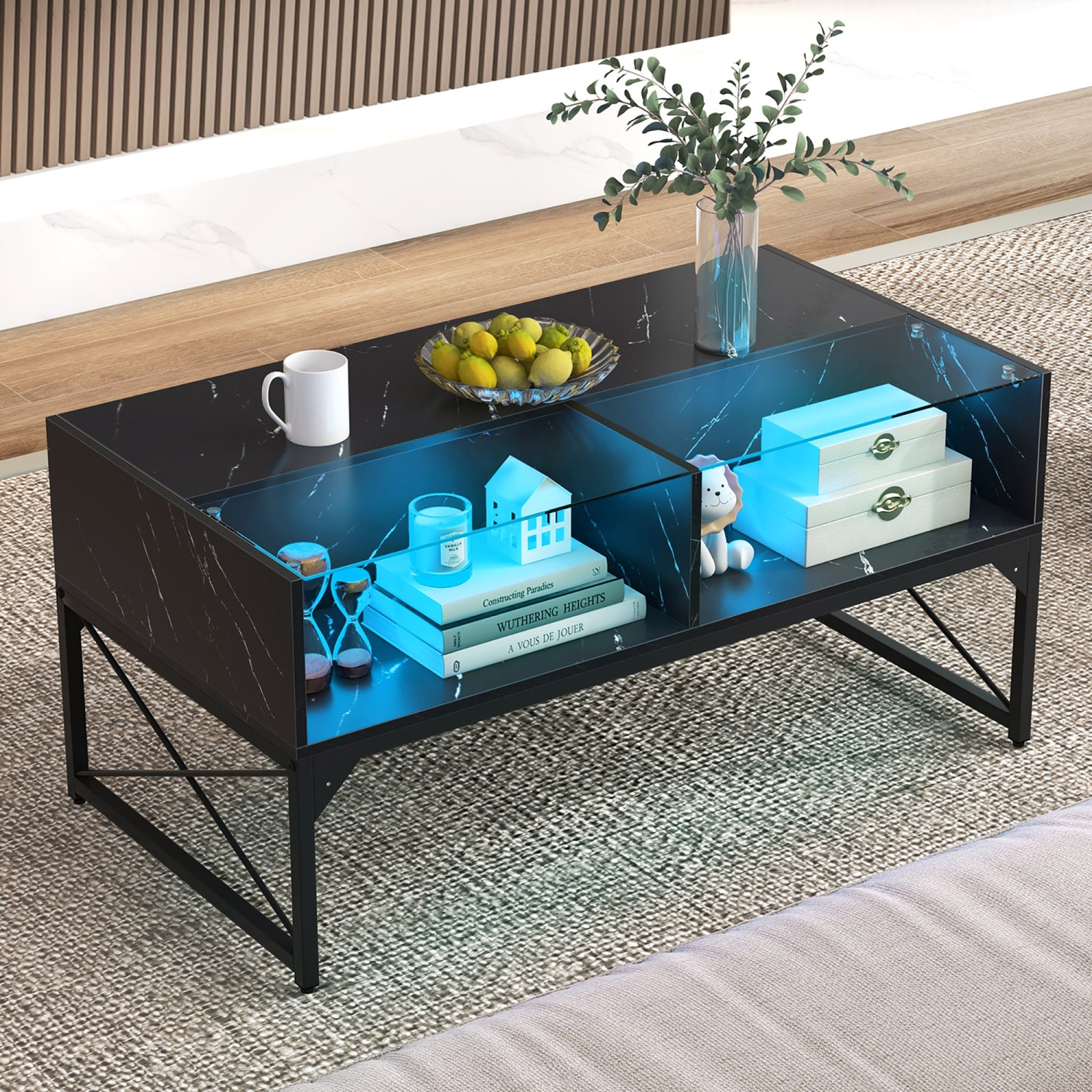 Gymax High-gloss LED Coffee Table w/ Faux Marble & Tempered Glass Top 4 Storage Cubes