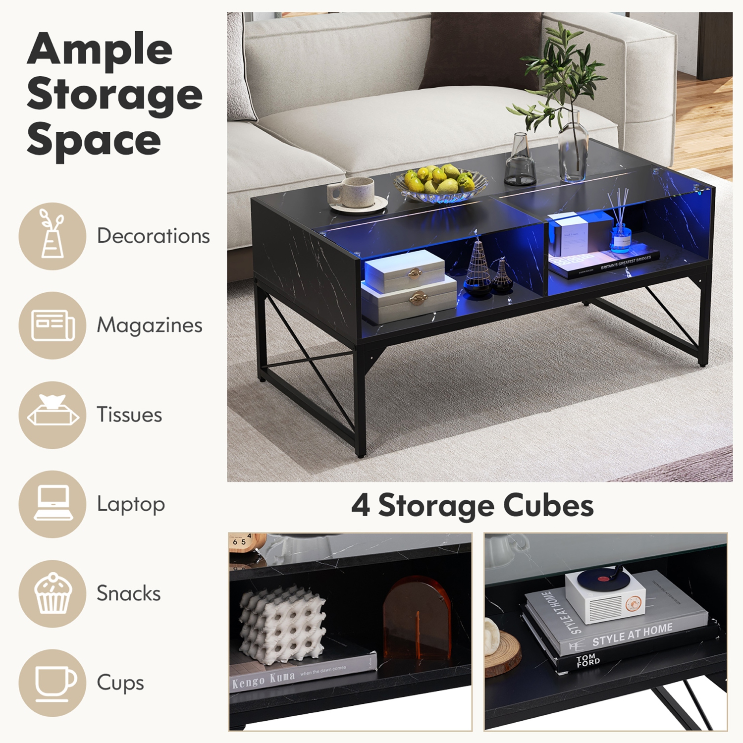 Gymax High-gloss LED Coffee Table w/ Faux Marble & Tempered Glass Top 4 Storage Cubes