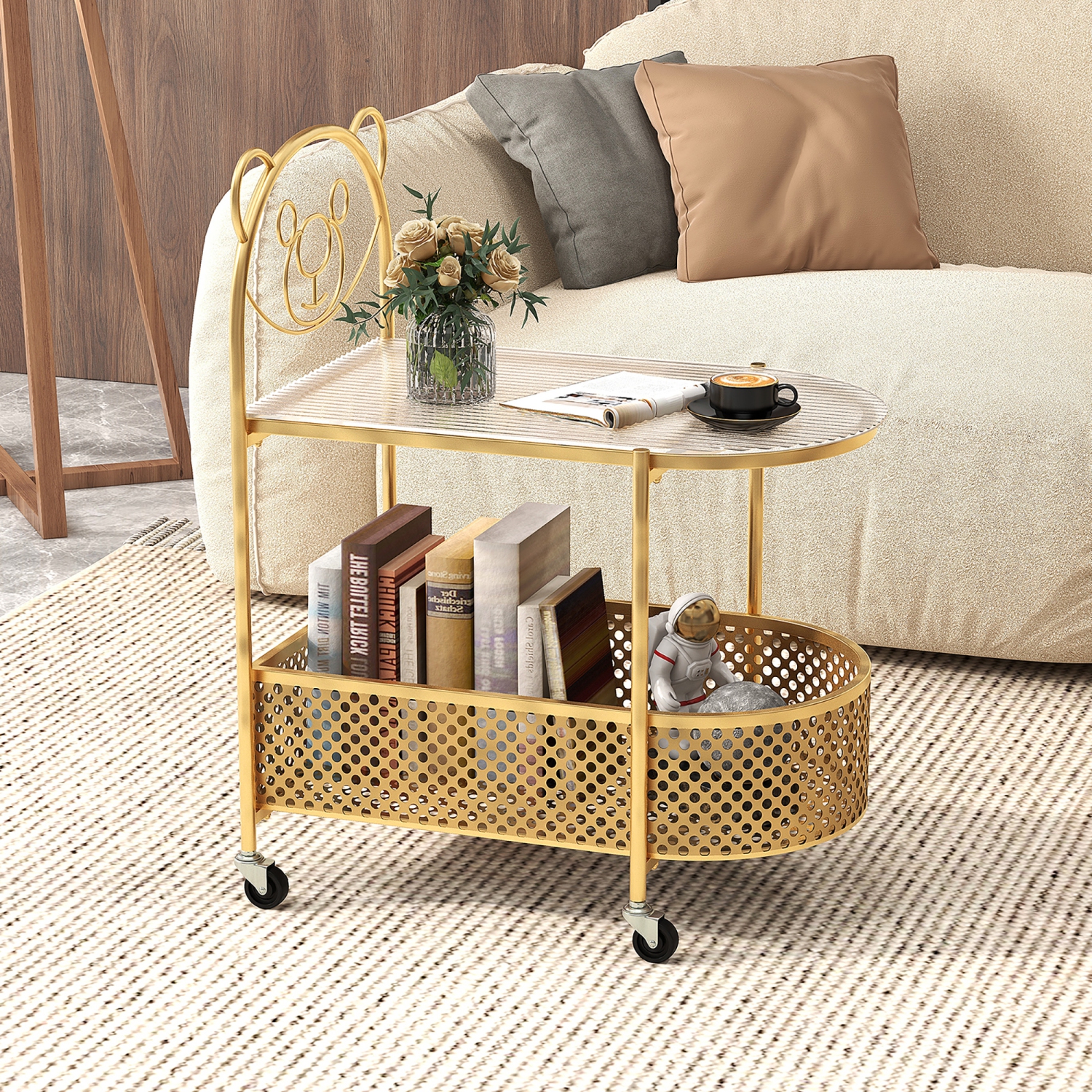 Gymax 2-Tier Mobile Glass Coffee Table w/ Bear Pattern Storage Basket
