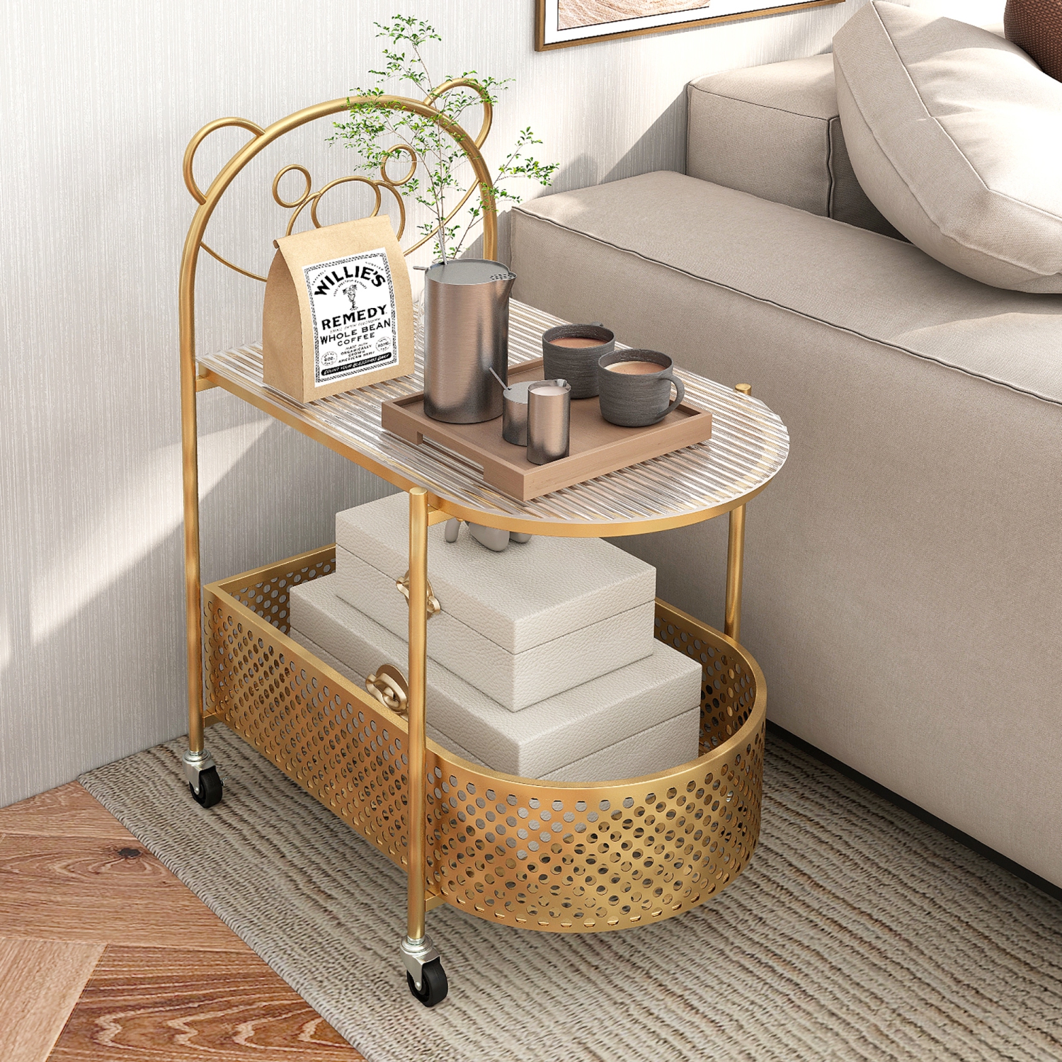 Gymax 2-Tier Mobile Glass Coffee Table w/ Bear Pattern Storage Basket
