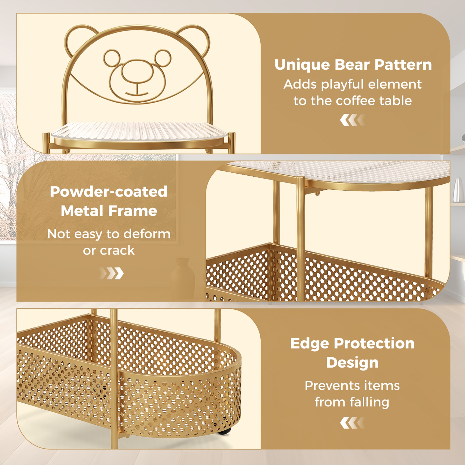 Gymax 2-Tier Mobile Glass Coffee Table w/ Bear Pattern Storage Basket