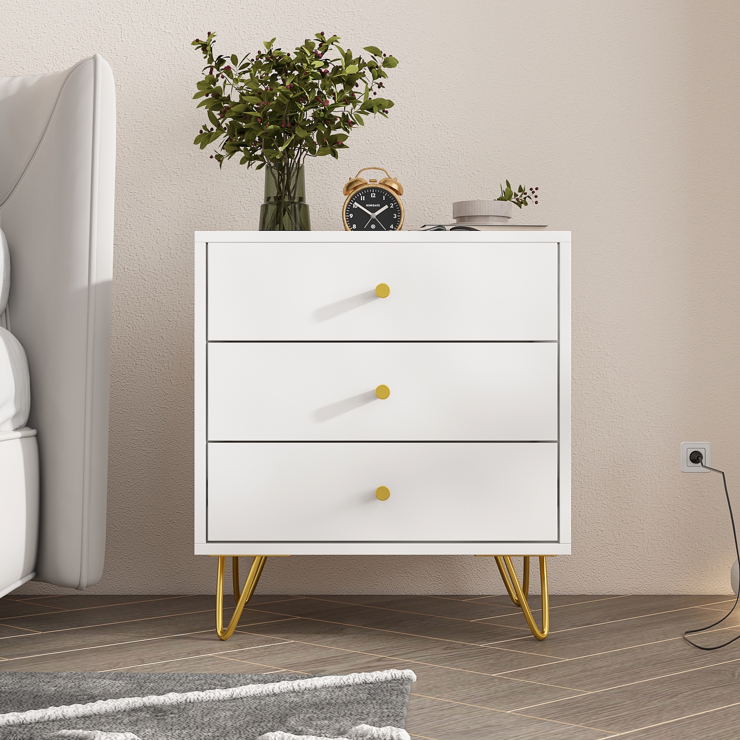 Famapy Modern 3-Drawer Nightstand with Gold Accents and Spacious Storage for Bedroom or Living Room White