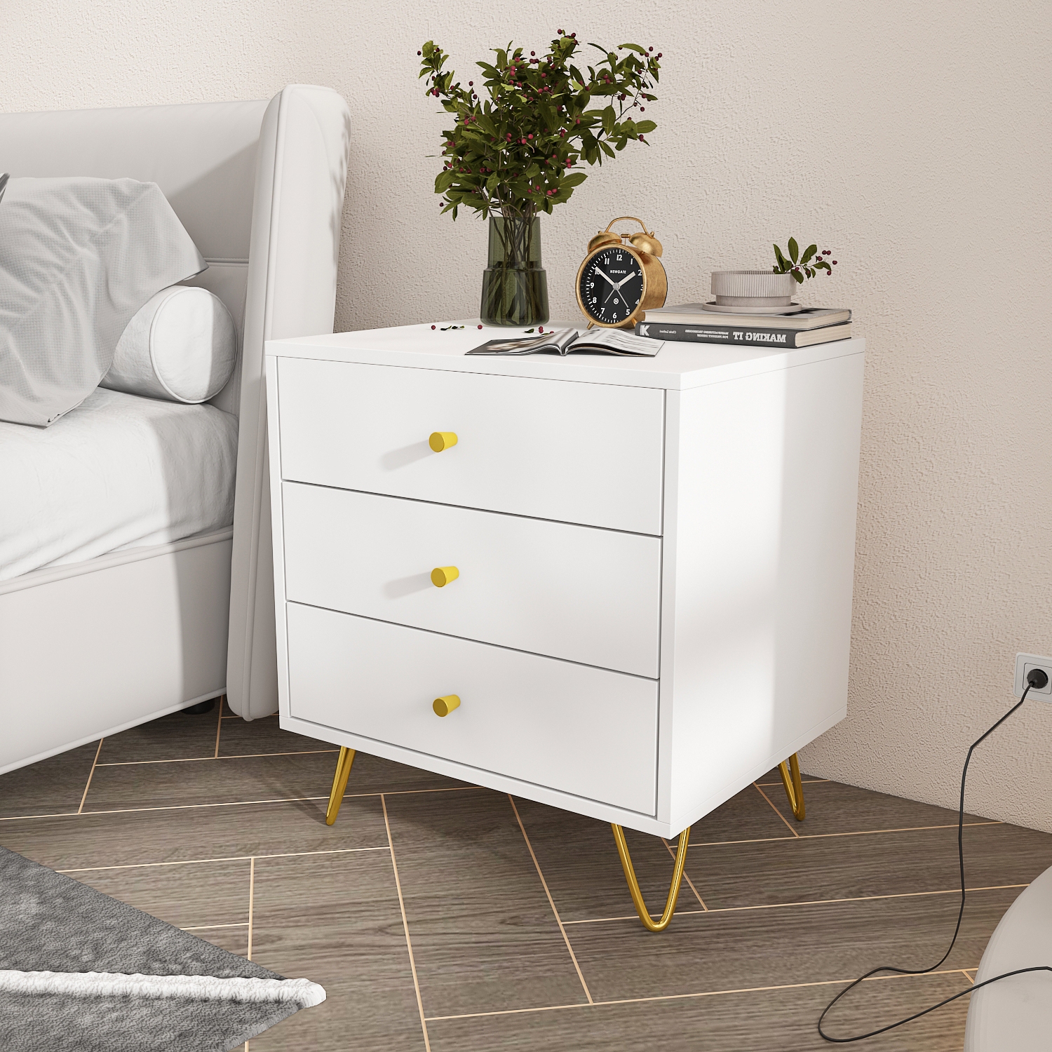 Famapy Modern 3-Drawer Nightstand with Gold Accents and Spacious Storage for Bedroom or Living Room White