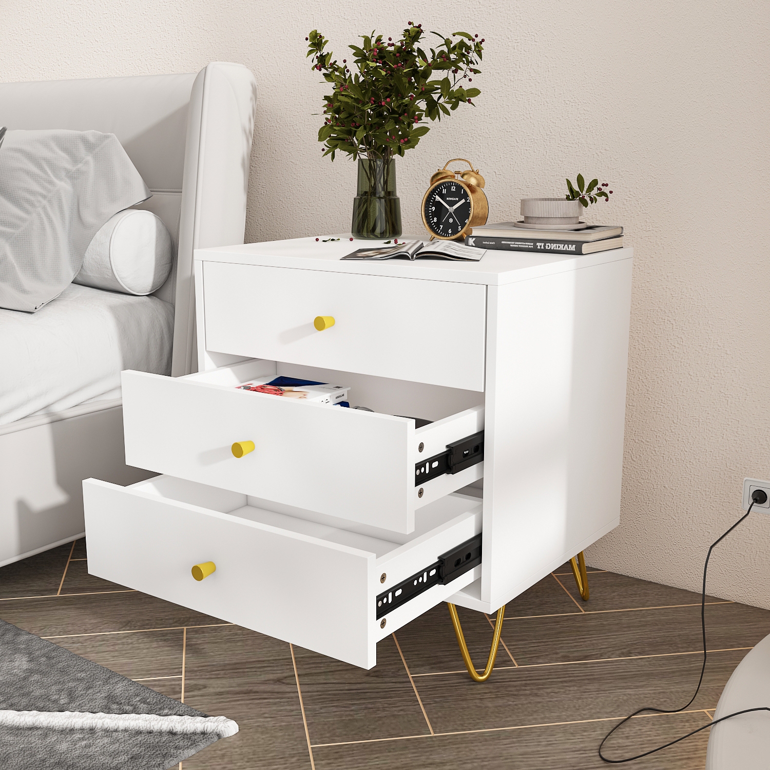 Famapy Modern 3-Drawer Nightstand with Gold Accents and Spacious Storage for Bedroom or Living Room White
