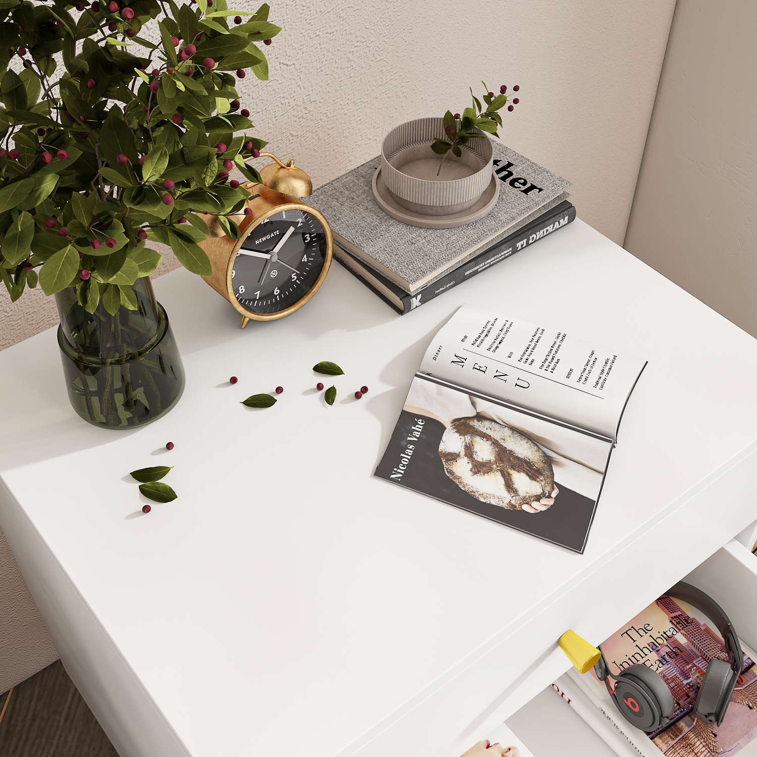 Famapy Modern 3-Drawer Nightstand with Gold Accents and Spacious Storage for Bedroom or Living Room White