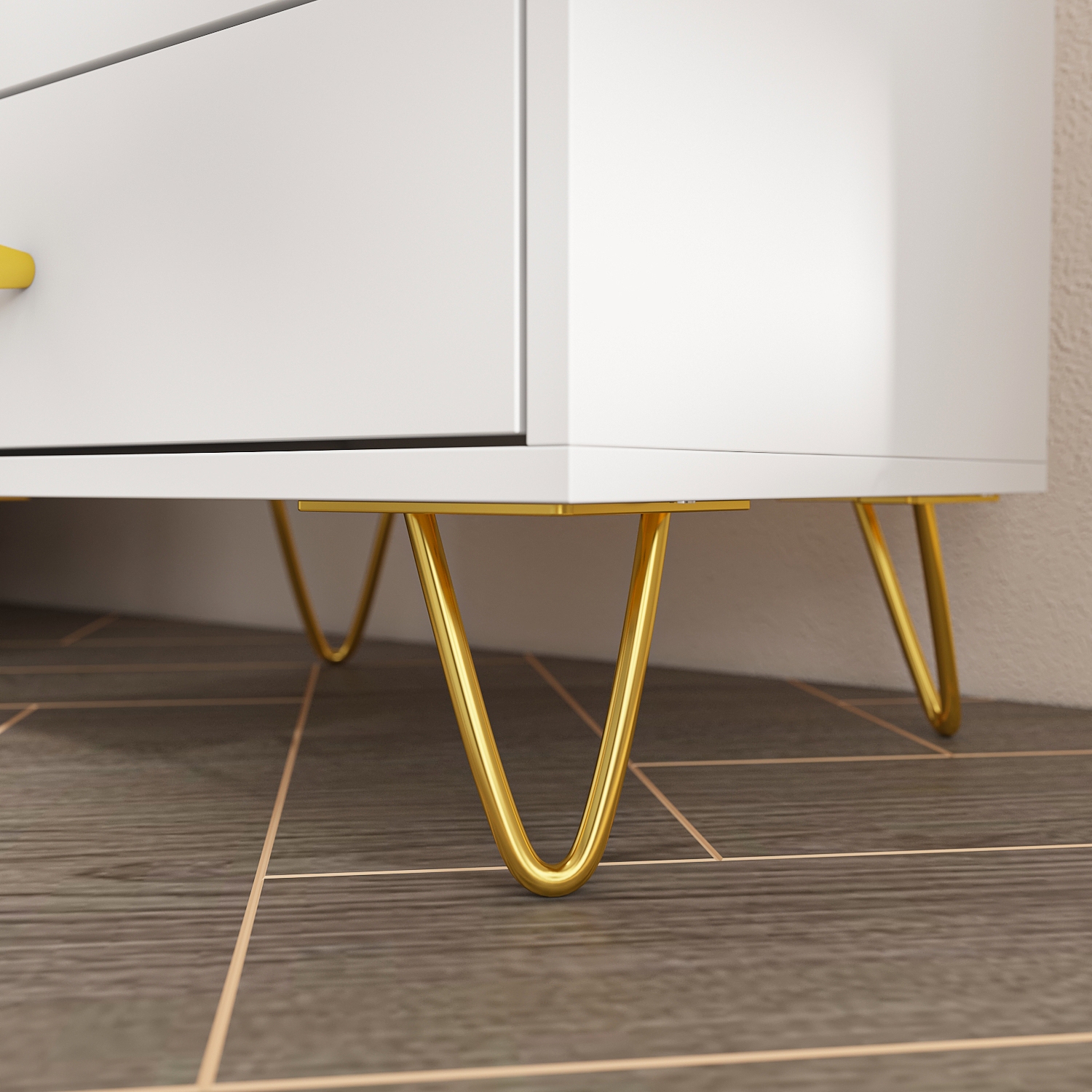 Famapy Modern 3-Drawer Nightstand with Gold Accents and Spacious Storage for Bedroom or Living Room White