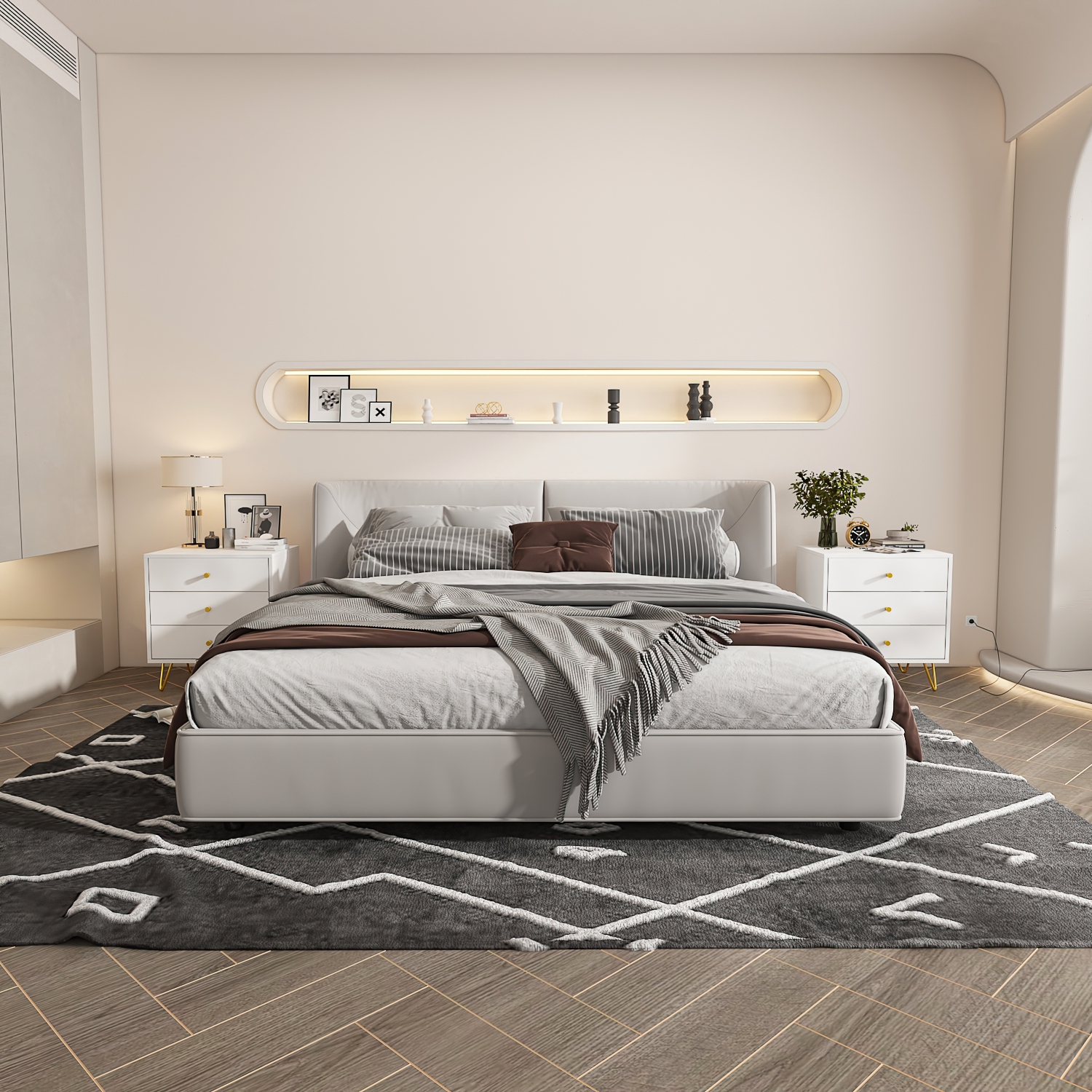 Famapy Modern 3-Drawer Nightstand with Gold Accents and Spacious Storage for Bedroom or Living Room White