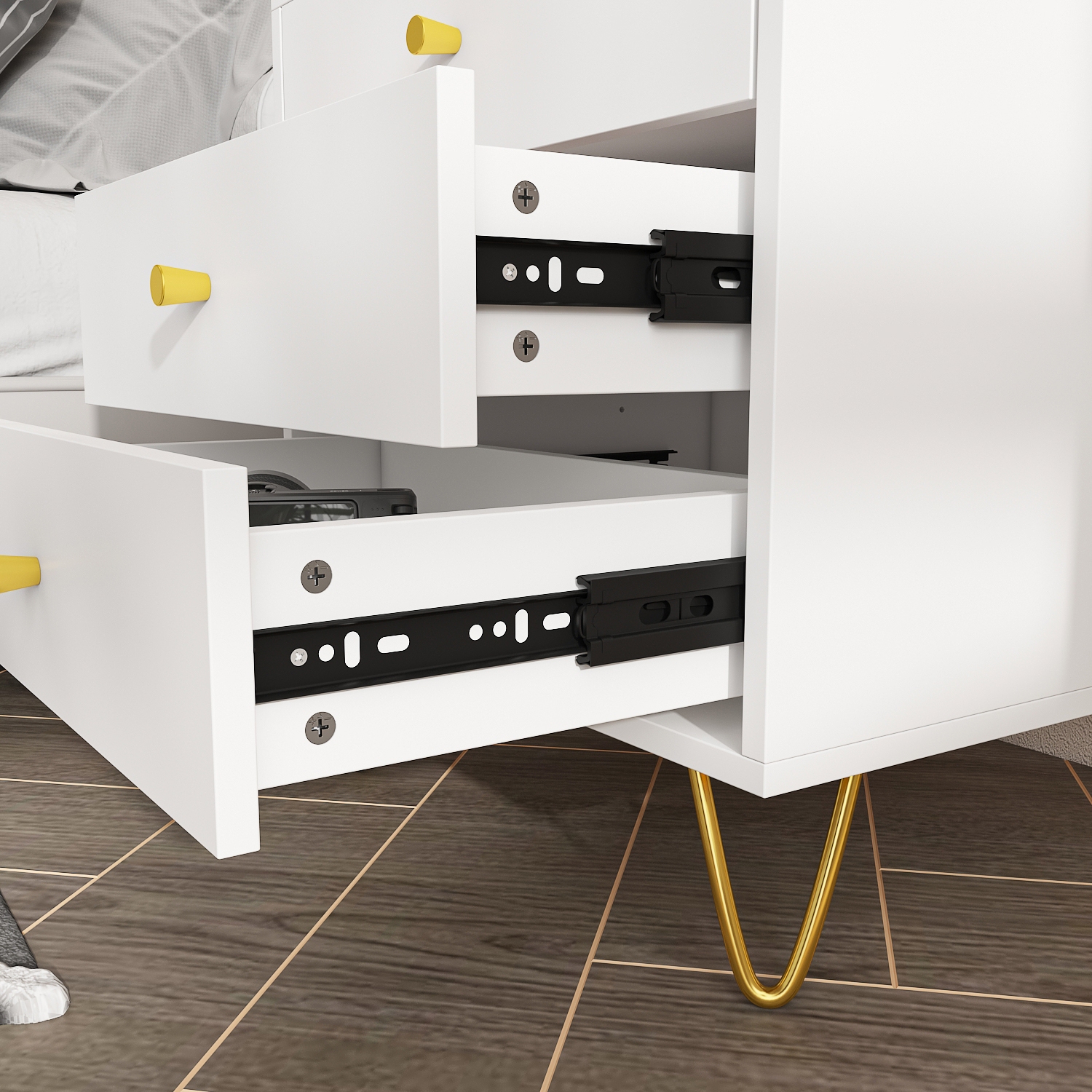 Famapy Modern 3-Drawer Nightstand with Gold Accents and Spacious Storage for Bedroom or Living Room White