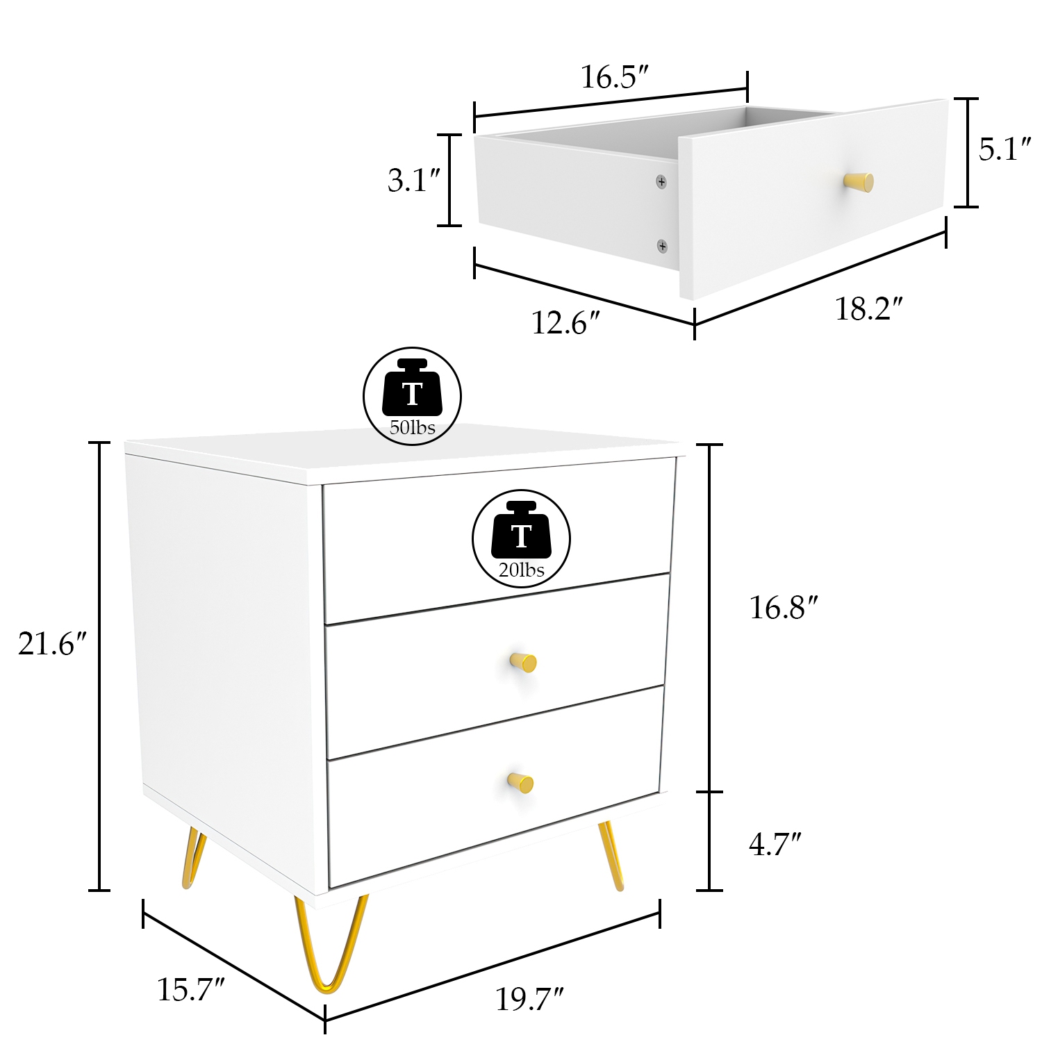 Famapy Modern 3-Drawer Nightstand with Gold Accents and Spacious Storage for Bedroom or Living Room White
