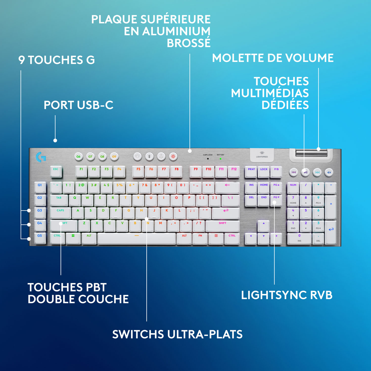 Clavier de jeu pleine grandeur sans fil rétroéclairé à commutateurs mécaniques tactiles GL G915 X LIGHTSPEED de Logitech - Blanc