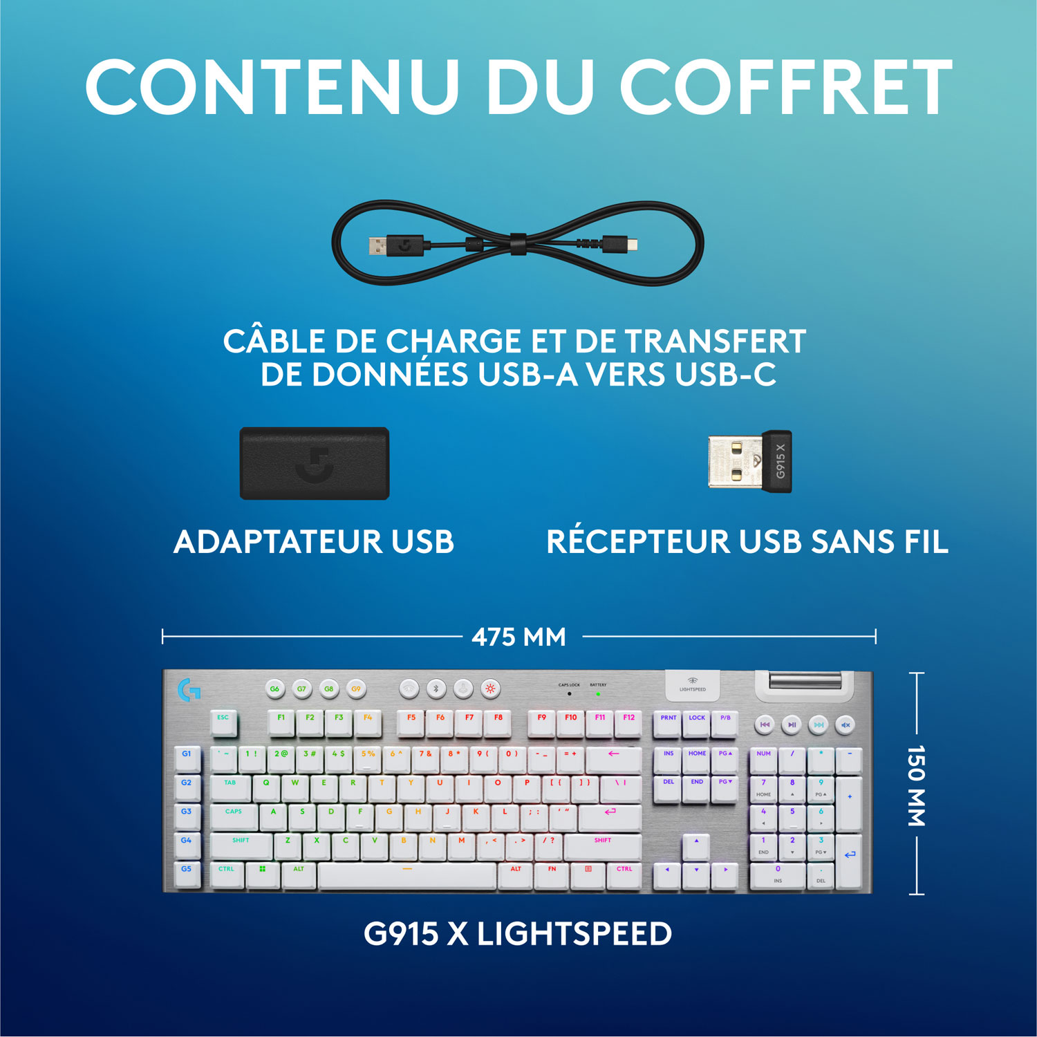 Clavier de jeu pleine grandeur sans fil rétroéclairé à commutateurs mécaniques tactiles GL G915 X LIGHTSPEED de Logitech - Blanc