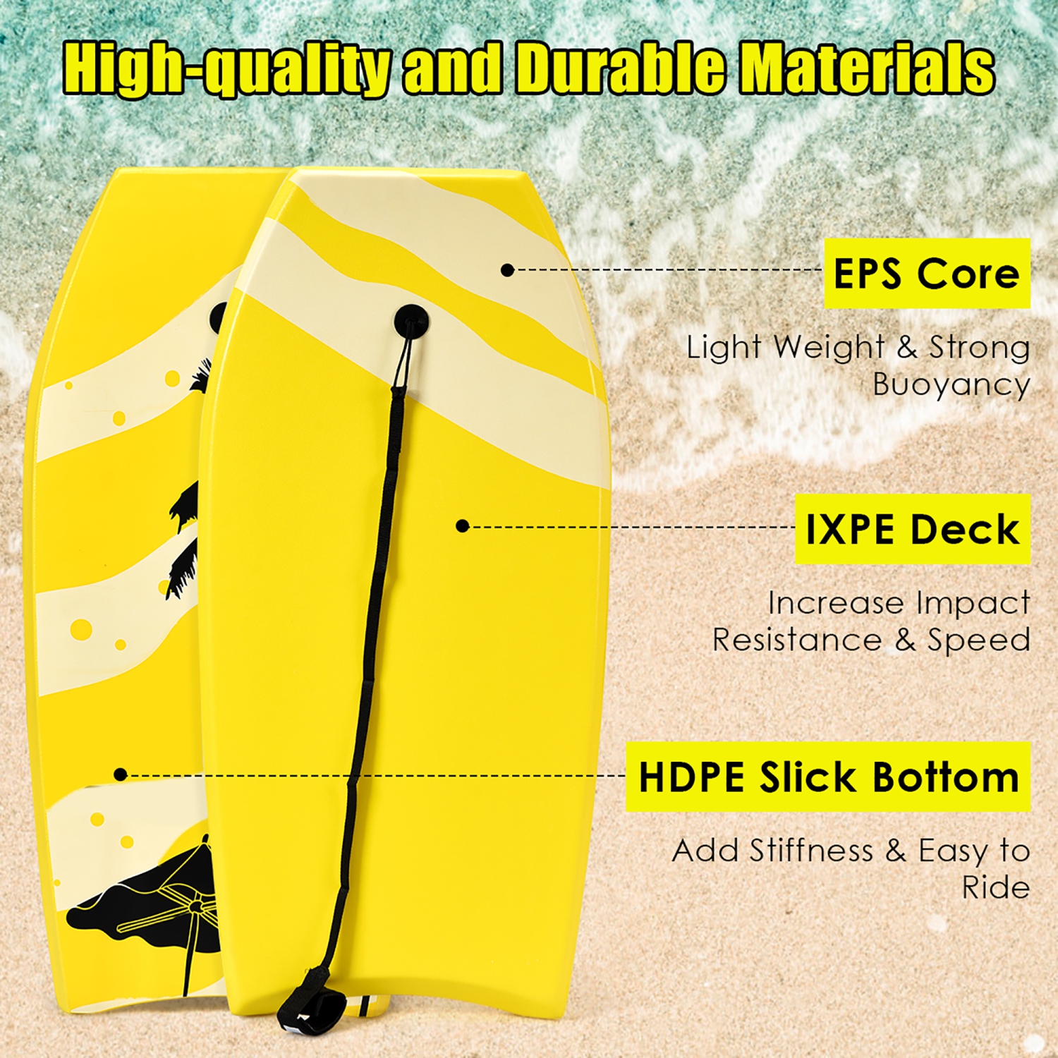 Goplus Body Board 36'' Super Lightweight Surfing Board W/ Leash XPE Deck EPS Core