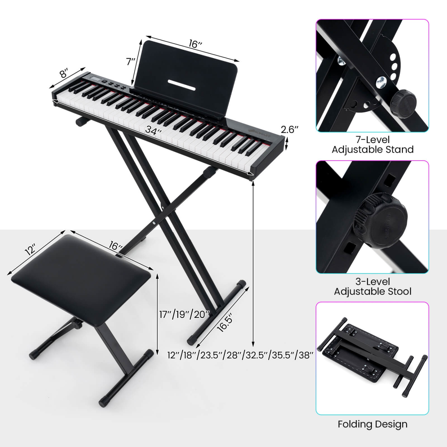 Costway 61-Key Electric Piano Keyboard for Beginners with Adjustable Stand & Stool