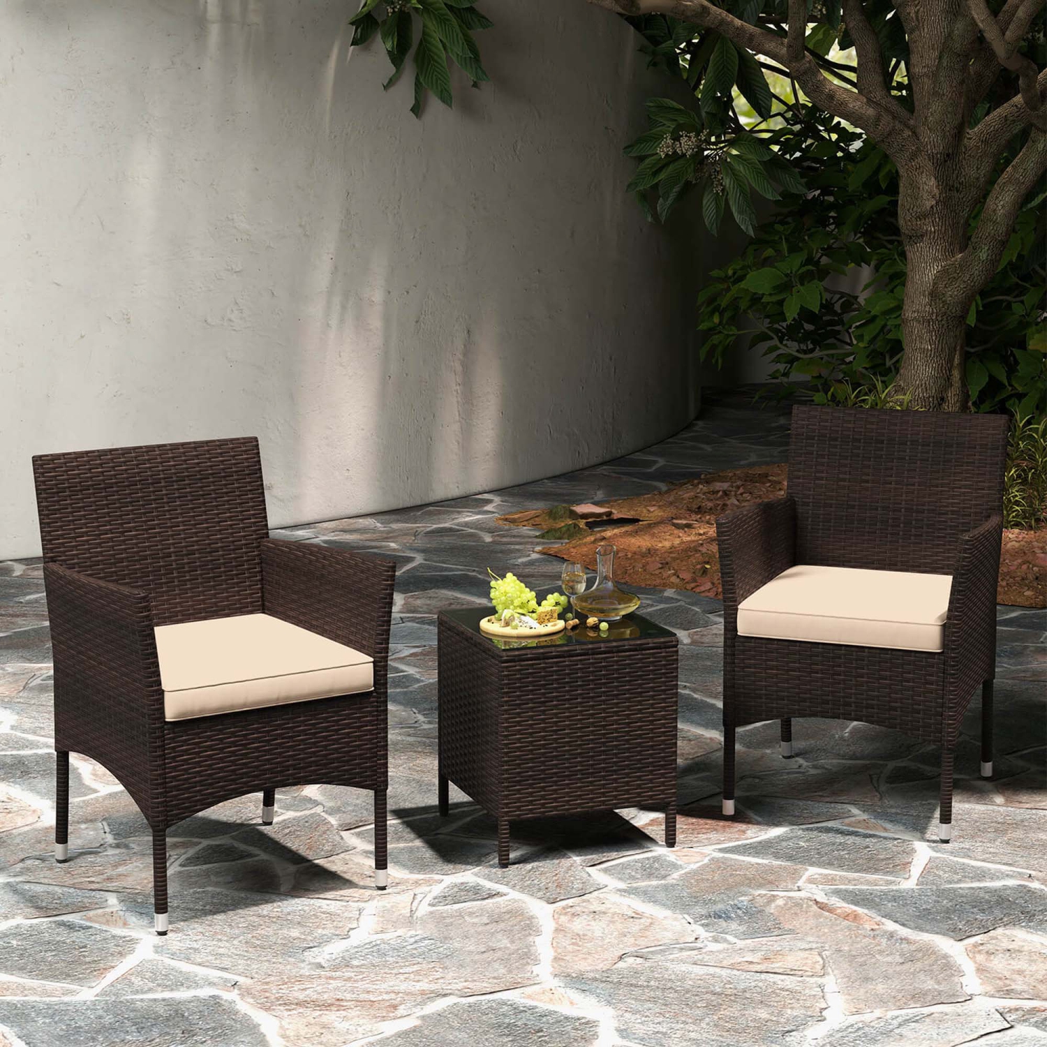 Costway 3 PCS Outdoor Conversation Set with Cushioned Seat & Tempered Glass Tabletop