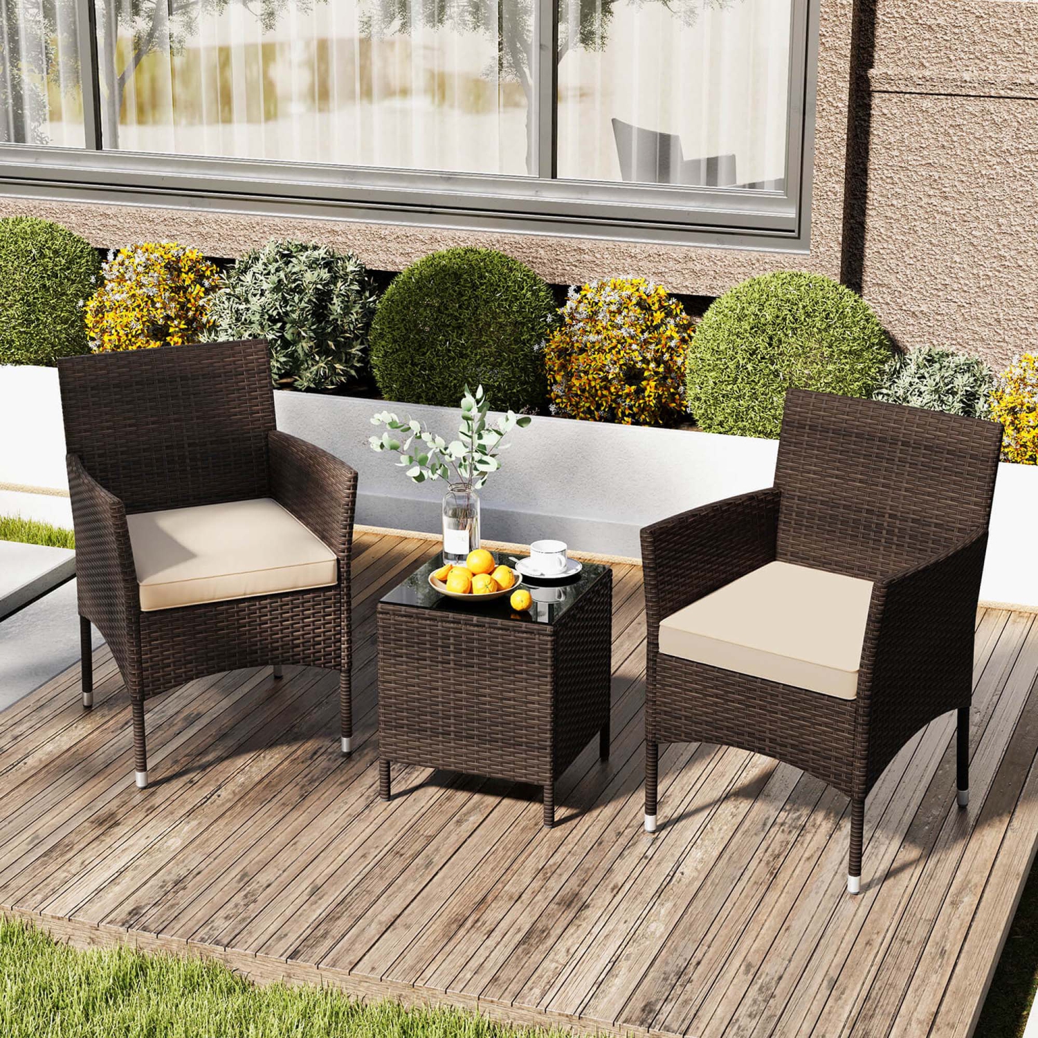Costway 3 PCS Outdoor Conversation Set with Cushioned Seat & Tempered Glass Tabletop
