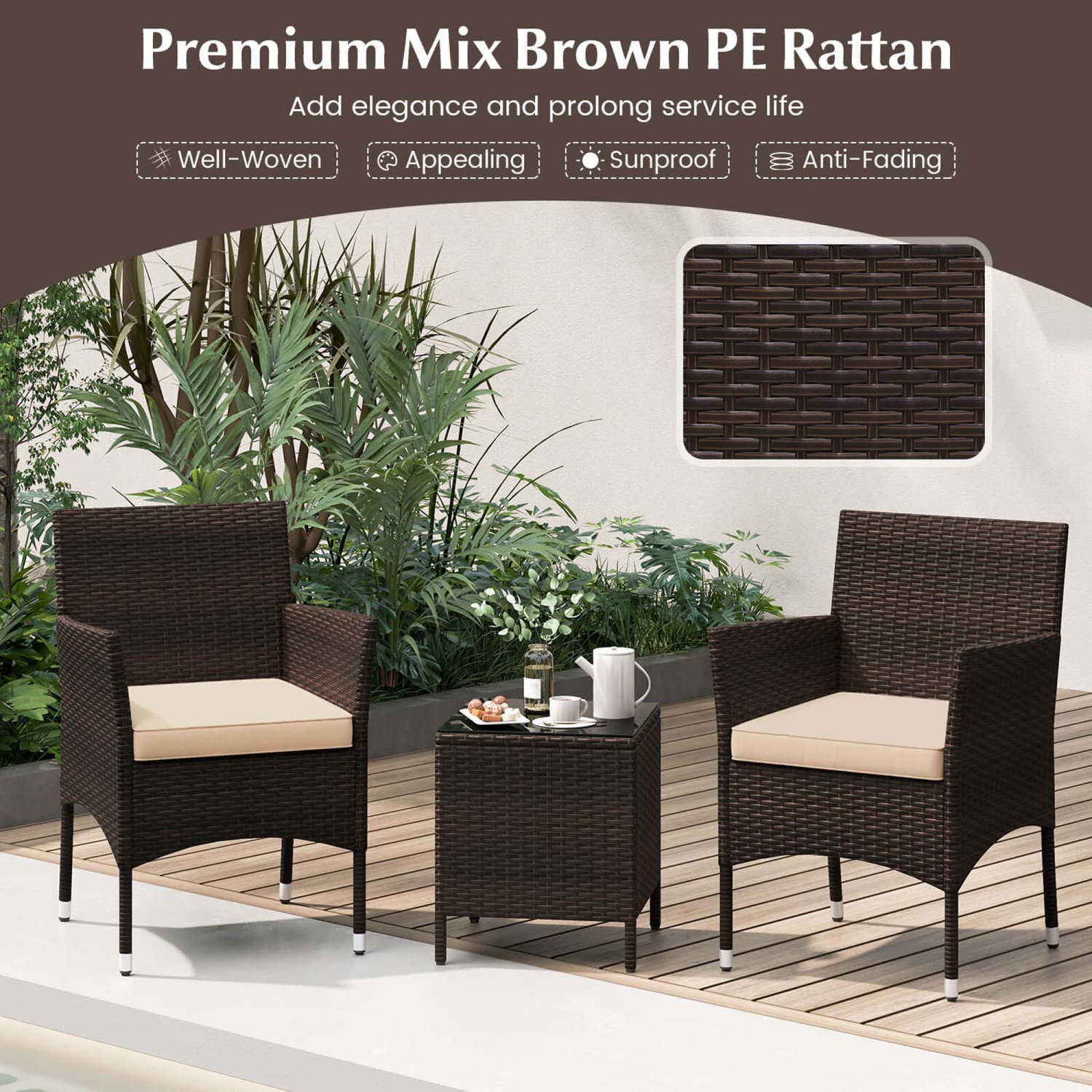 Costway 3 PCS Outdoor Conversation Set with Cushioned Seat & Tempered Glass Tabletop
