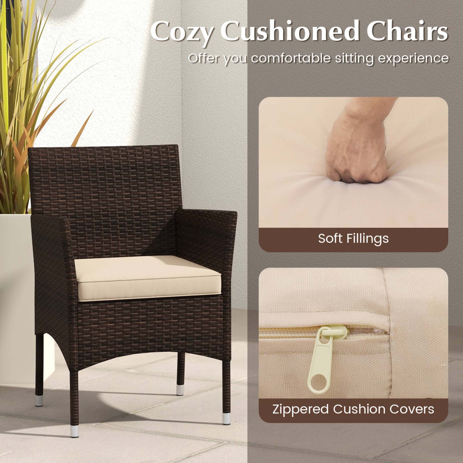 Costway 3 PCS Outdoor Conversation Set with Cushioned Seat & Tempered Glass Tabletop