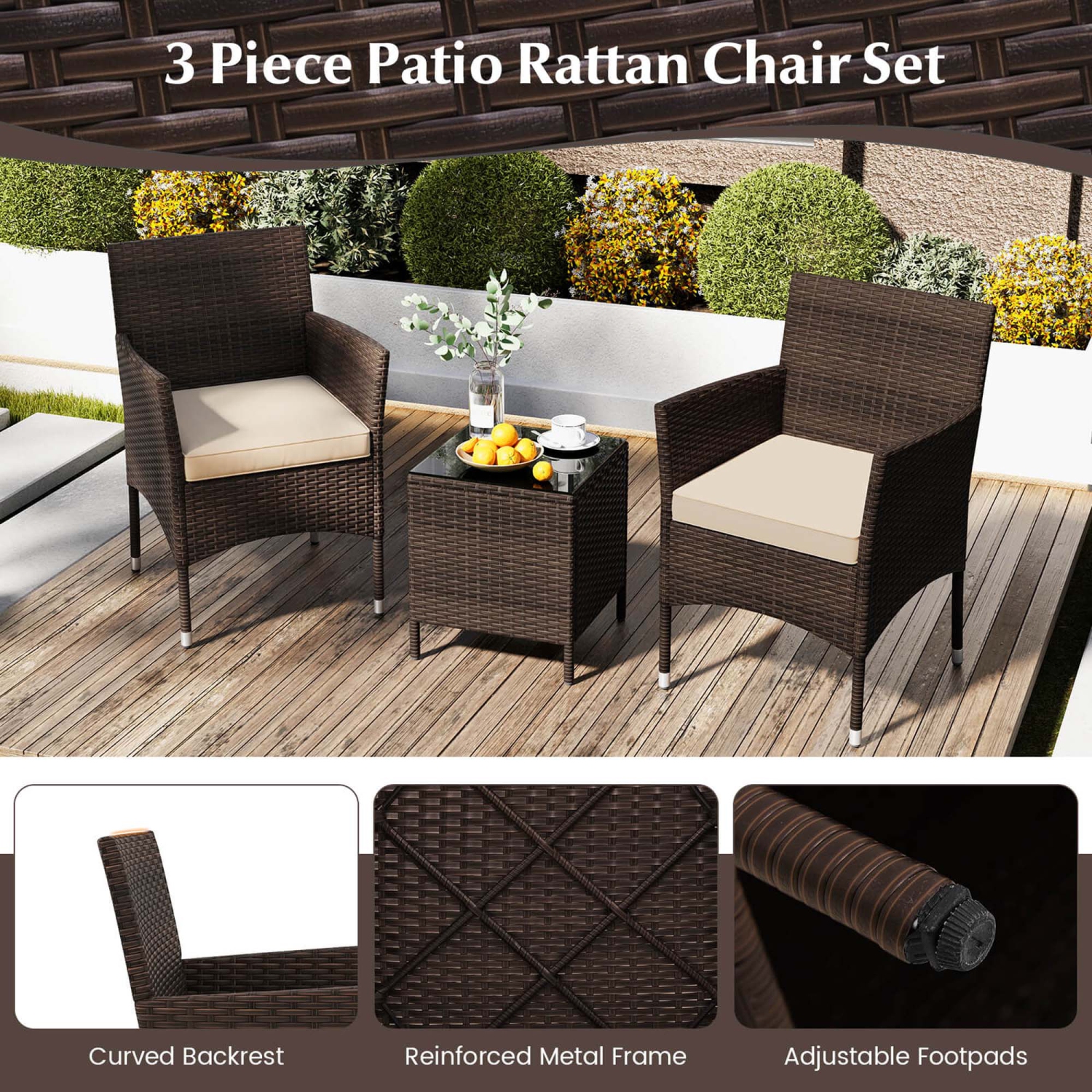 Costway 3 PCS Outdoor Conversation Set with Cushioned Seat & Tempered Glass Tabletop