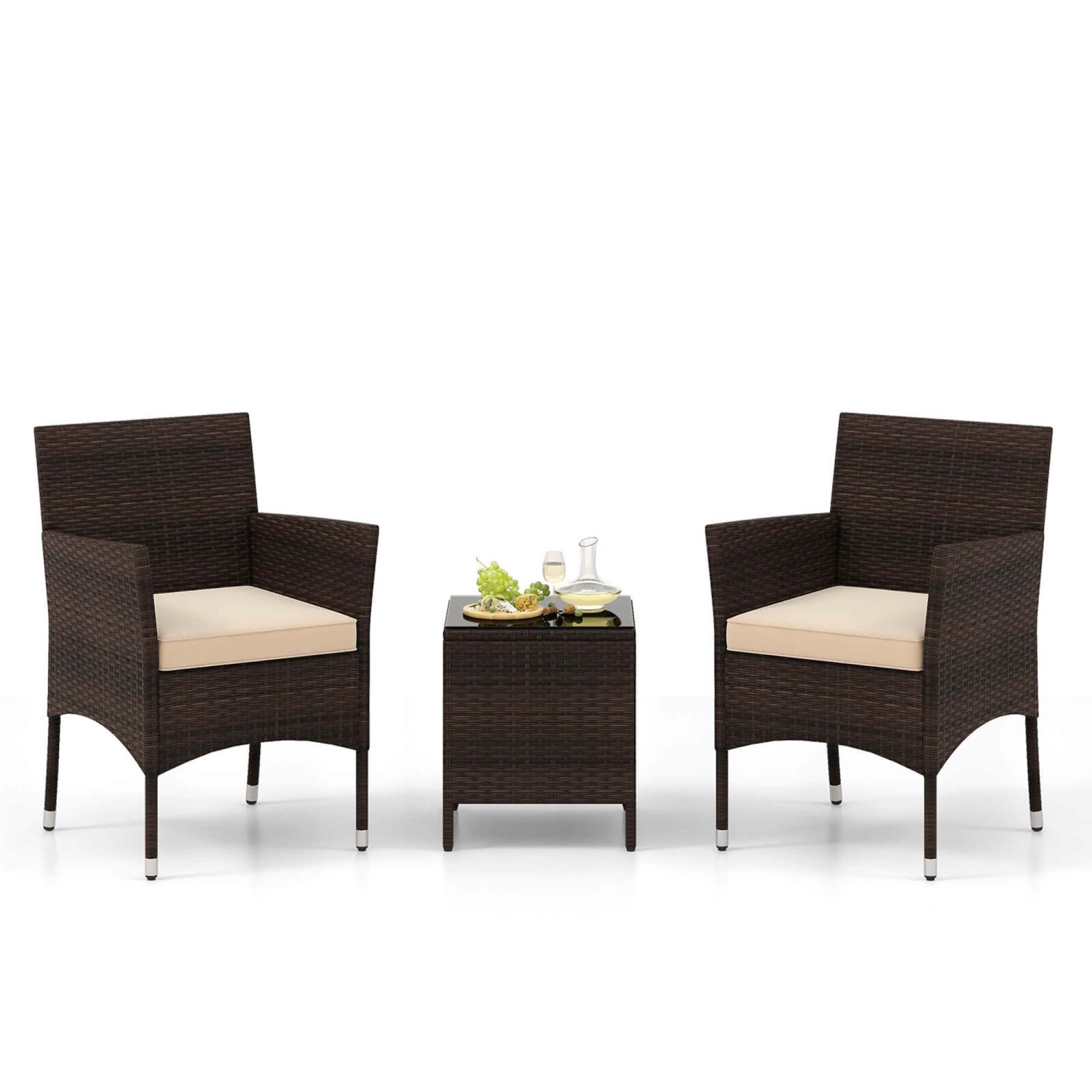 Costway 3 PCS Outdoor Conversation Set with Cushioned Seat & Tempered Glass Tabletop