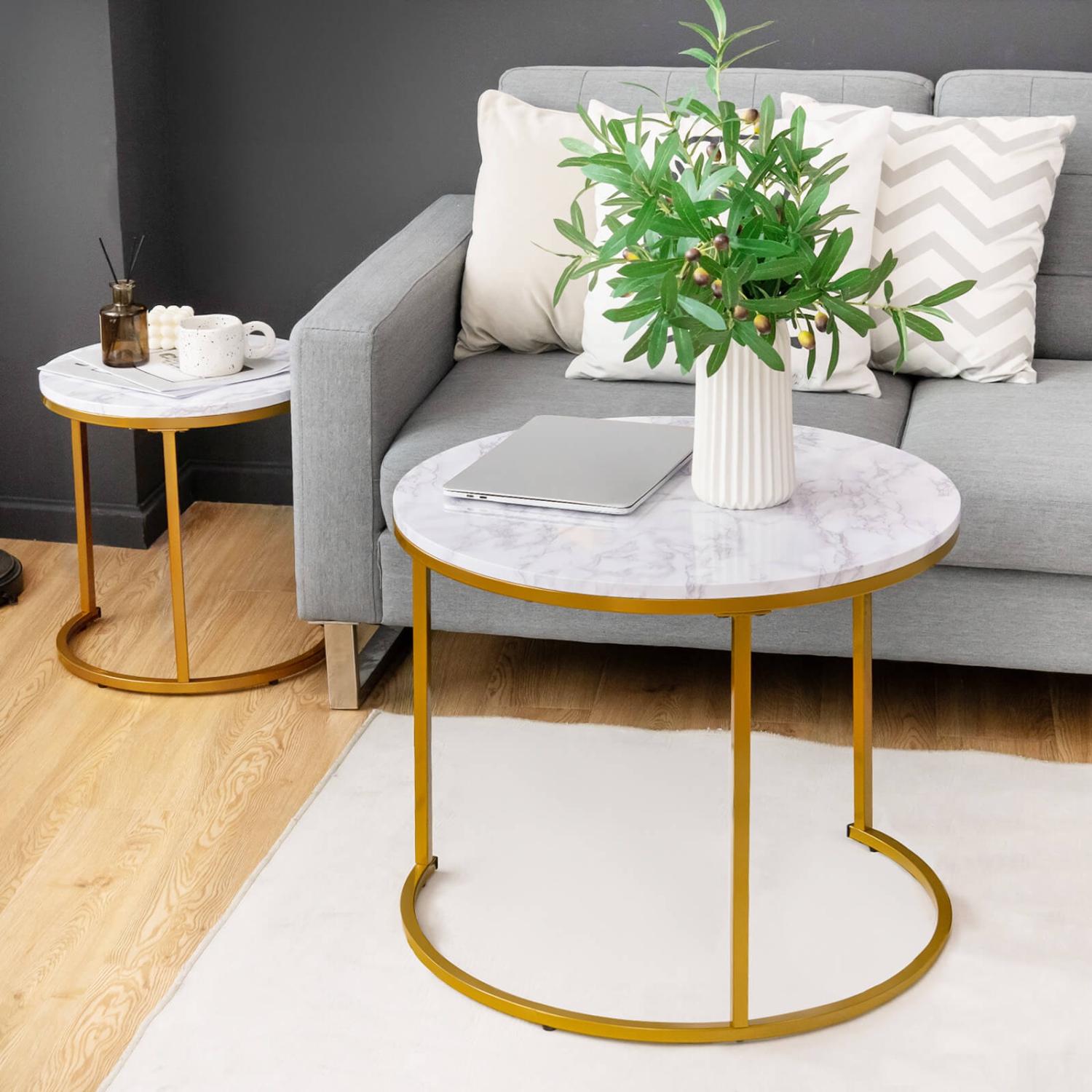 Costway Nesting Coffee Table Set of 2 for Balcony Living Room Modern Round Side Tables