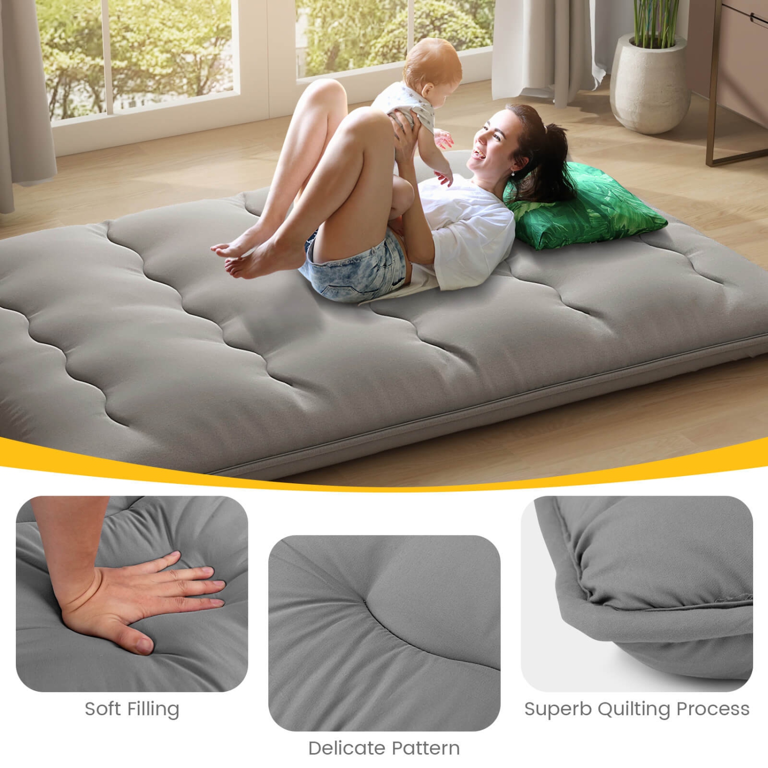 Costway Full Futon Mattress Japanese Floor Pad Washable Cover Carry Bag Gray