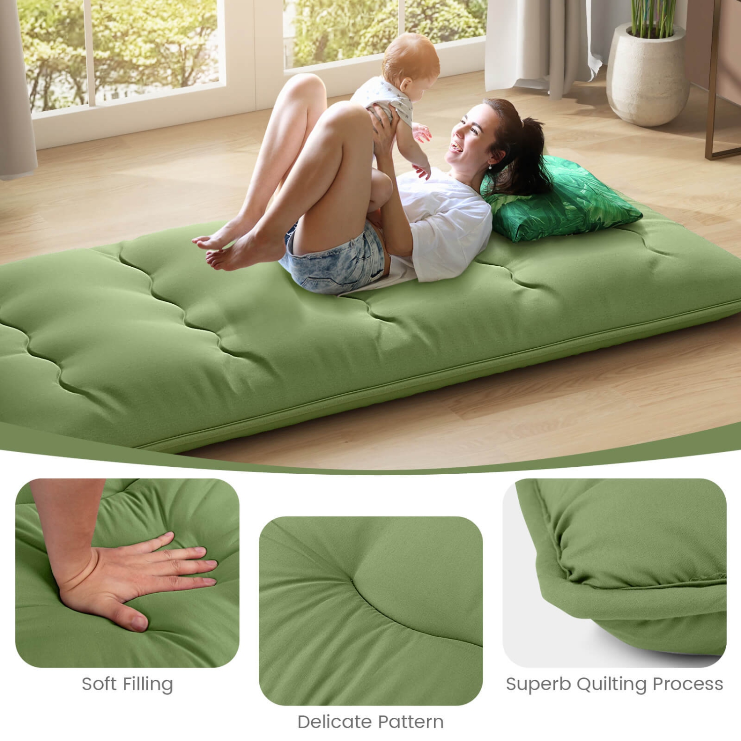 Costway Twin Futon Mattress Japanese Floor Sleeping Pad Washable Cover Carry Bag Green