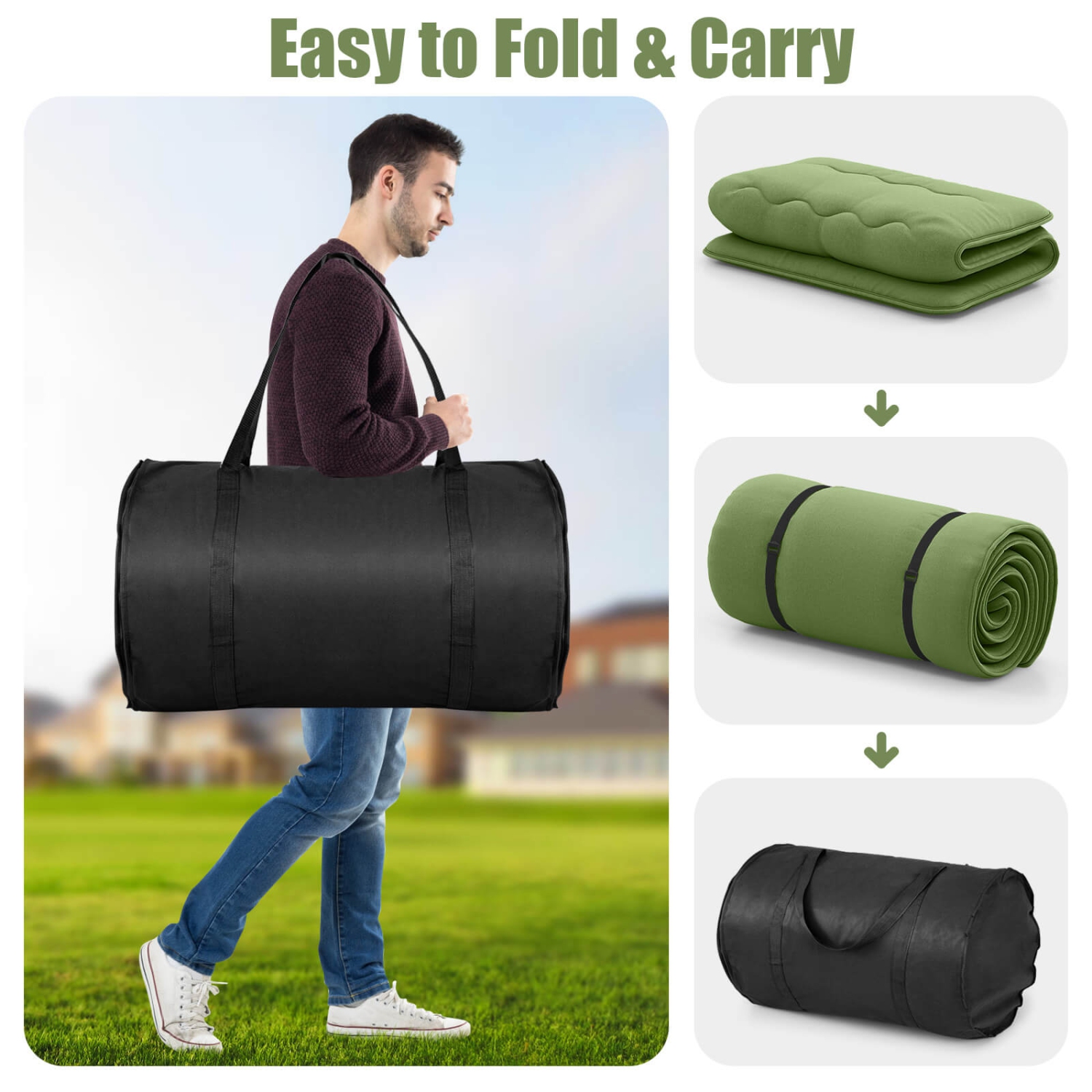 Costway Twin Futon Mattress Japanese Floor Sleeping Pad Washable Cover Carry Bag Green