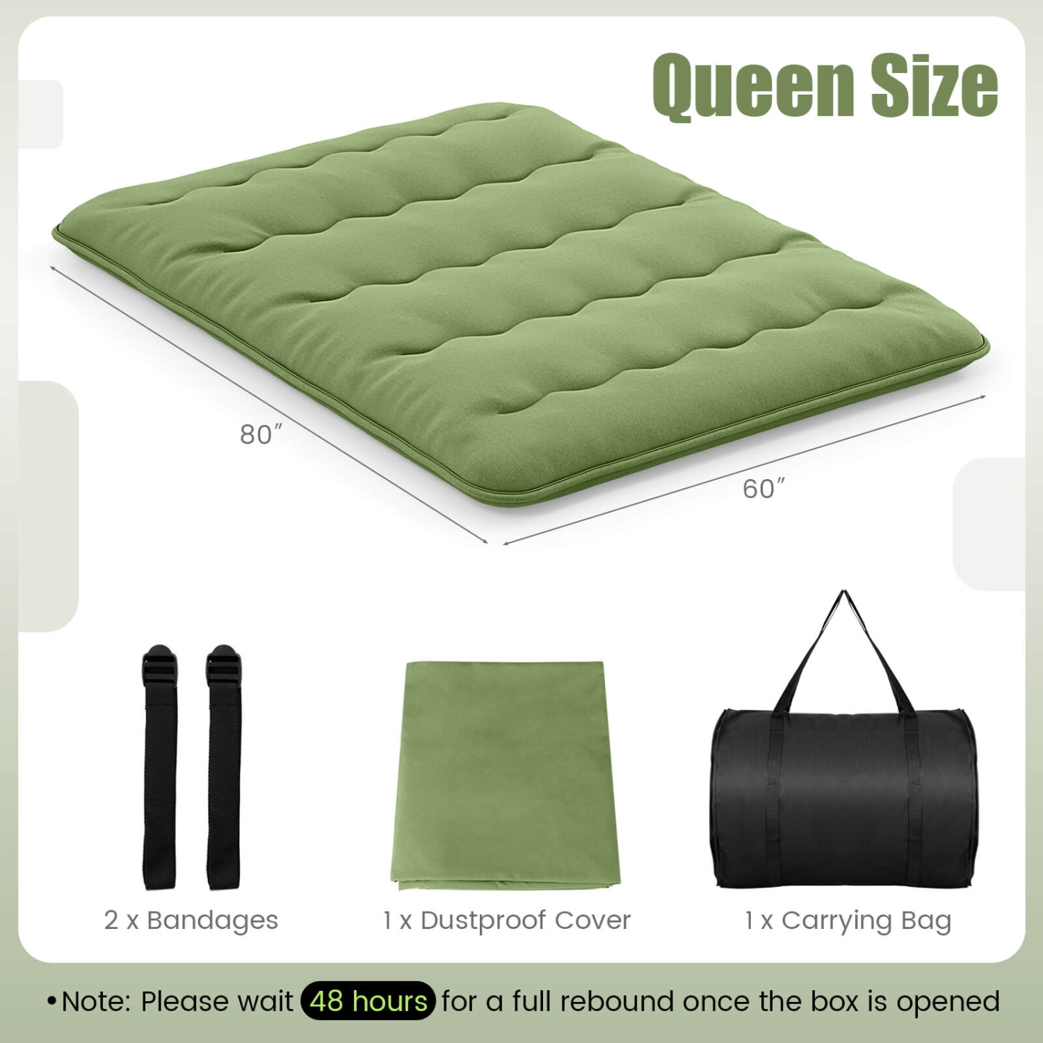 Costway Queen Futon Mattress Japanese Floor Pad Washable Cover Carry Bag Green