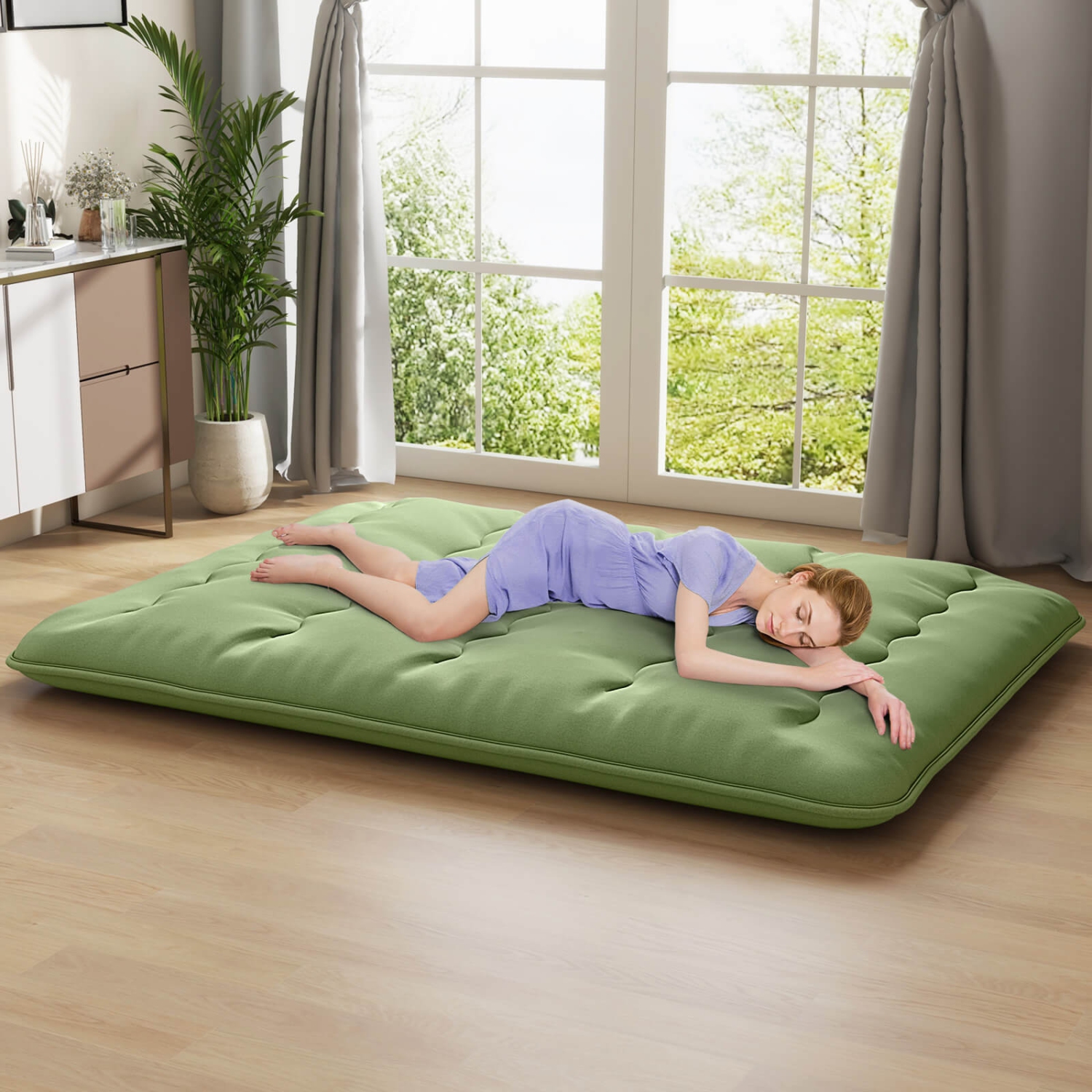 Costway Queen Futon Mattress Japanese Floor Pad Washable Cover Carry Bag Green