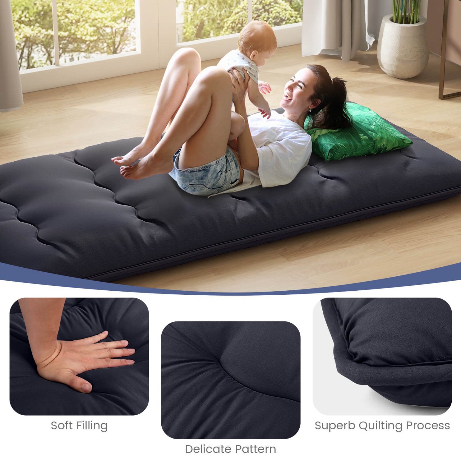 Matelas de futon japonais de Costway pour lit simple/grand lit Housse lavable Sac de transport noir